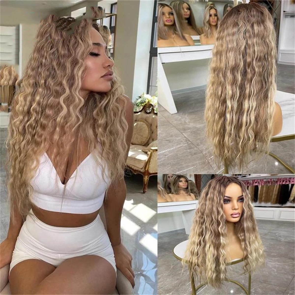 Women's Curly Wigs Human Hair 13X6 Lace Frontal Wig Full Lace Wigs Medium Brown Blonde Color HD Wig