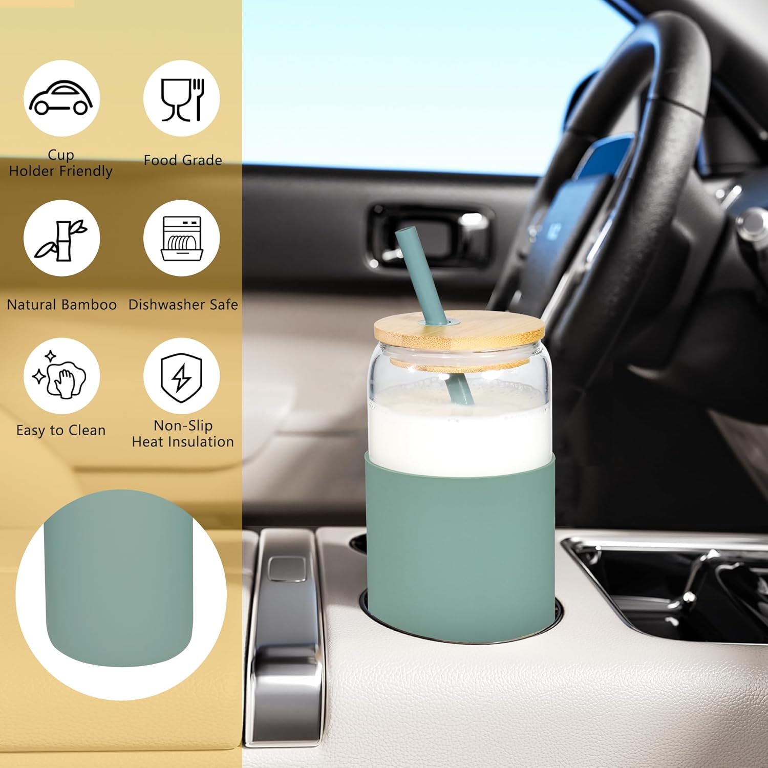 20 oz Glass Cups with Lids and Straws Iced Coffee Glasses with Silicone Protective Sleeve Drinking Glasses Set of 4 for Juice Beer Soda(Green*4) - Image 3