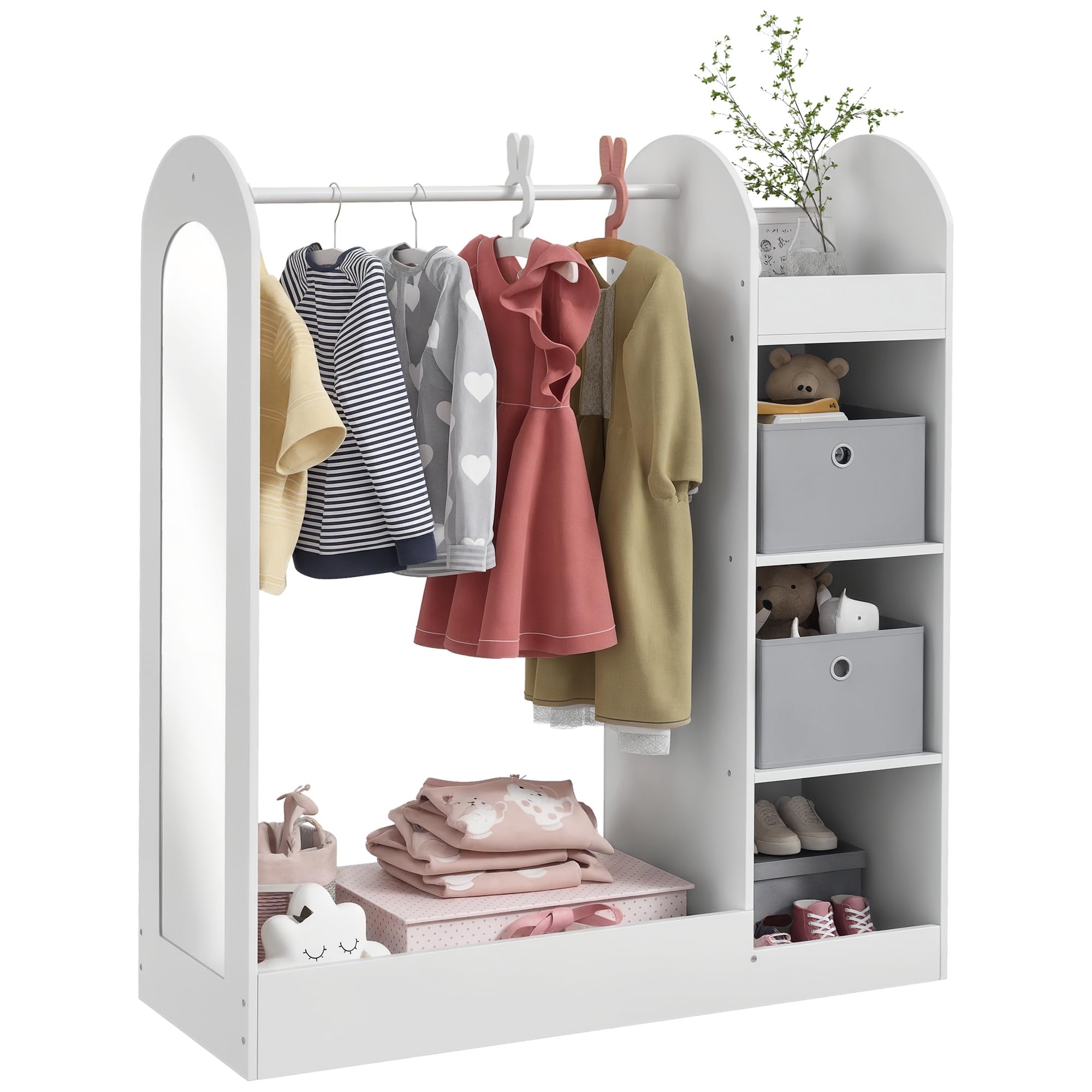AIYAPLAY Tringle à vêtements pour enfants avec étagère de rangement, boîtes, miroir, armoire pour chambre à coucher, chambre d'enfant, crèche, blanc