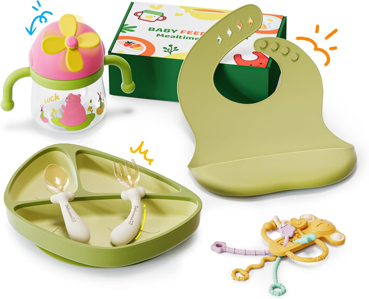 Juego de alimentación de silicona para bebés, juego de platos para niños pequeños, 8 piezas: plato de succión, cucharas, tenedores, baberos y vasitos para sorber, esencial para destete dirigido por bebés, platos y utensilios para bebés sin BPA, apto para lavavajillas