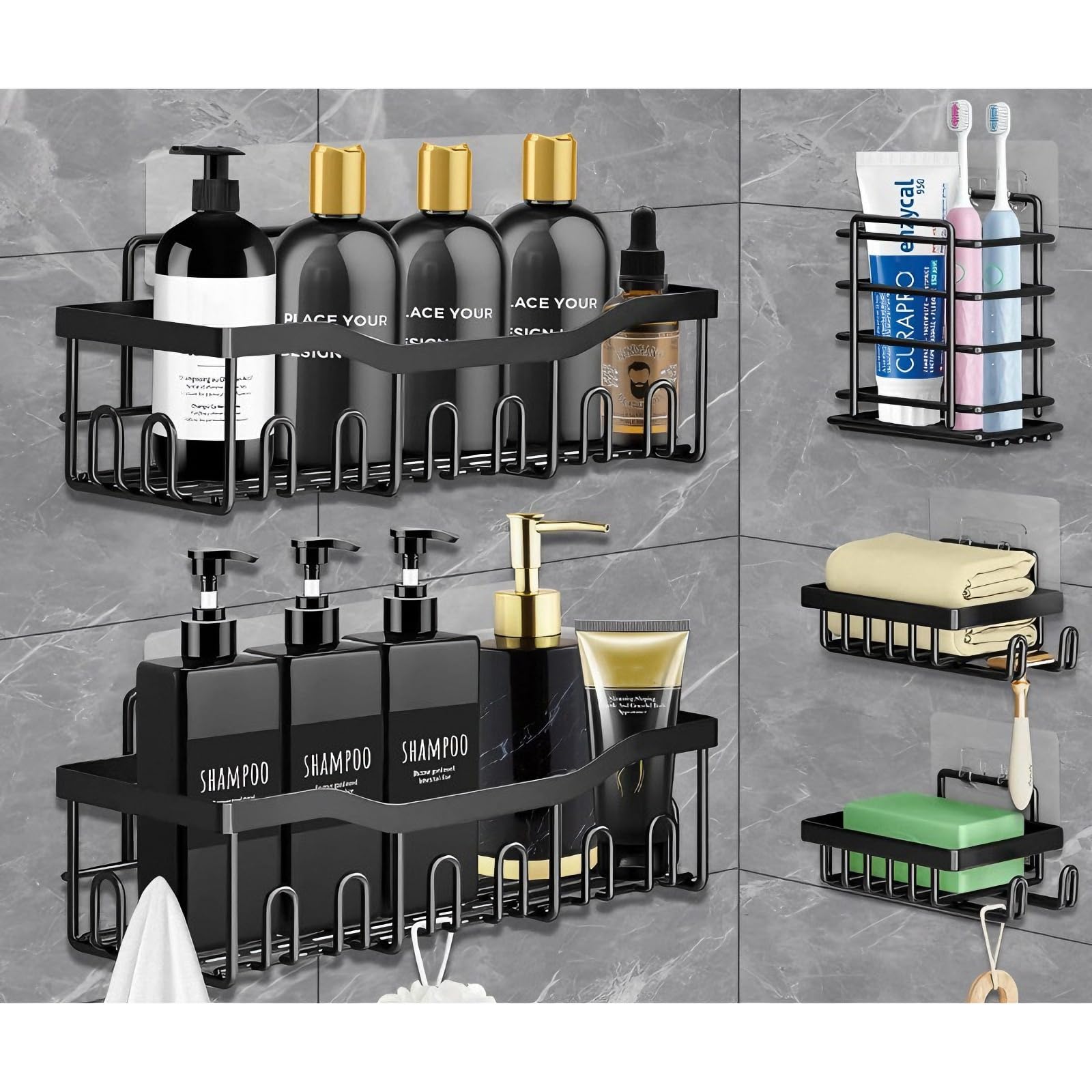 GeluEla Adhesive Shower Caddy 5 Pack Stainless Steel Bath Organizer with Large Capacity No Drilling Shower Shelves Heavy