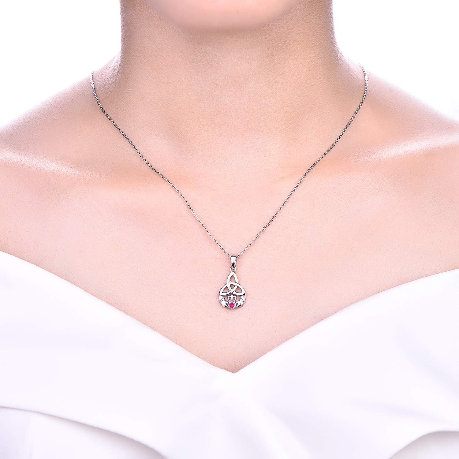 JO WISDOM 925 Sterling Silver Irish Celtic Heart Claddagh Pendant Necklace with Birthstones - Image 6