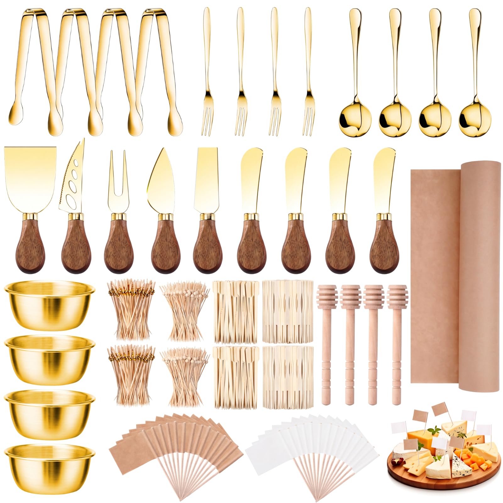 270 Pcs Charcuterie Board Accessories Cheese Butter Spreader Knife Set Butcher Paper Roll Serving Tong Fork Spoon Dipping Bowl Dipper Cocktail Pick for Party Xmas (Gold - Dark Wood Handle)