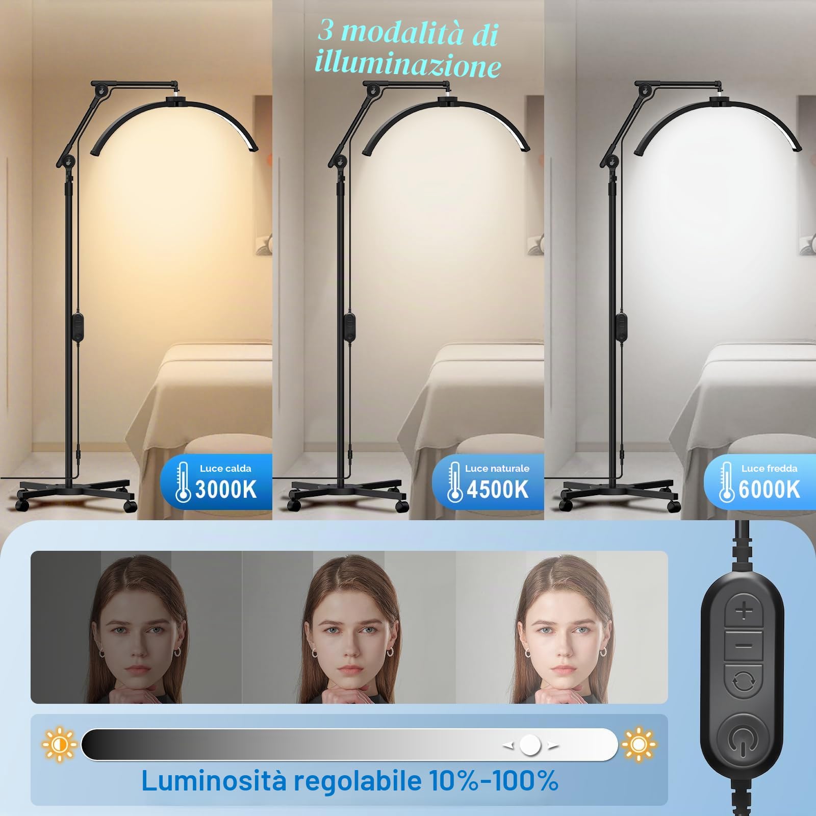 CGBE Lampada Extension Ciglia da Terra: LED Lampada Mezza Luna Ciglia con Porta Cellulare - Base Mobile - Testa Rotabile a 360° - Luminosità e Altezza Regolabili - per Ciglia/Cura della Pelle/Tatuaggi