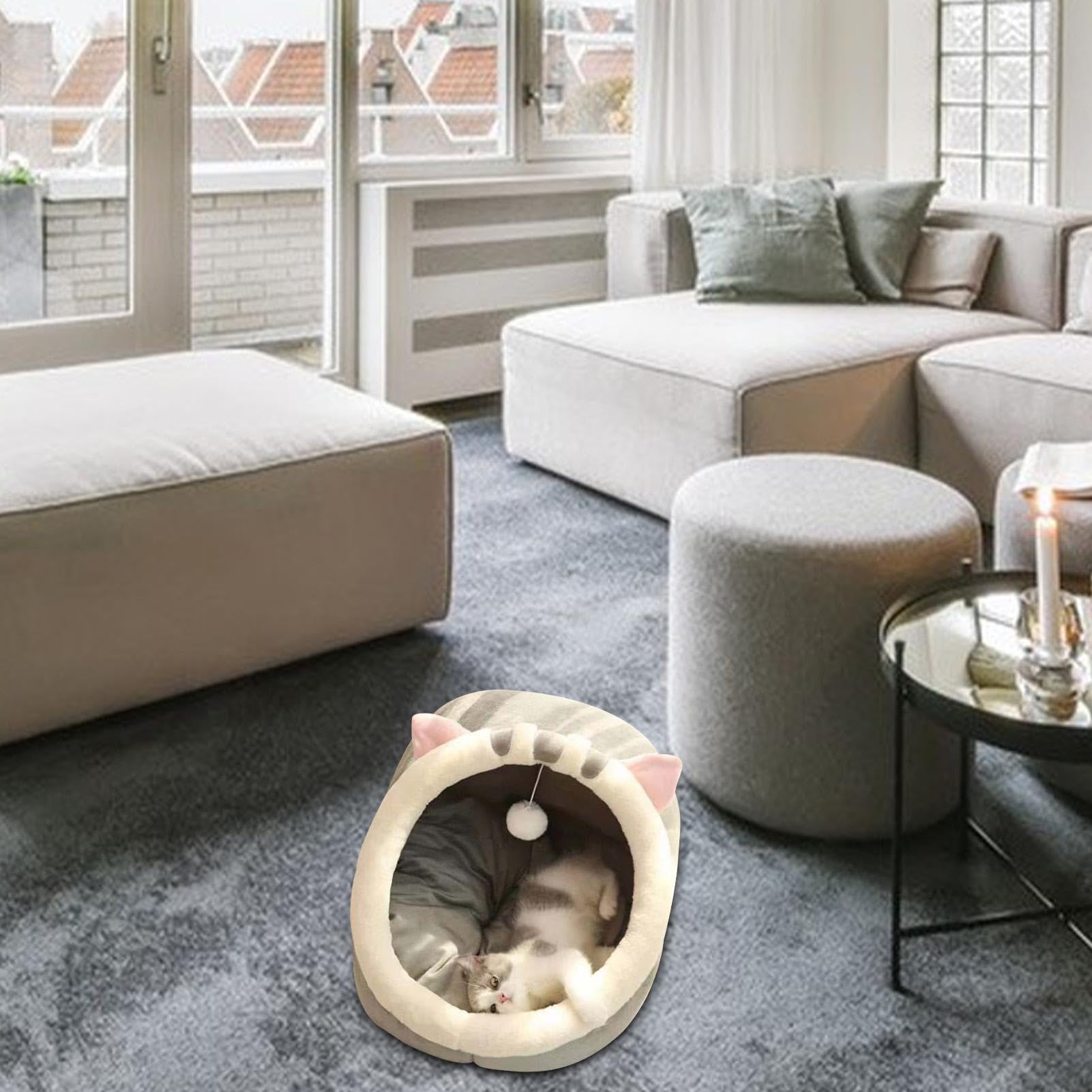 Cuccia per gatti, 2 pezzi, semi chiusa, graziosa cuccia decorativa per gatti con giocattolo sospeso, resistente alle intemperie, impermeabile, per esterni, comoda per animali | Morbida Extra Accogliente Rotondo Stile Grotta Peluche Morbido Caldo Confortev