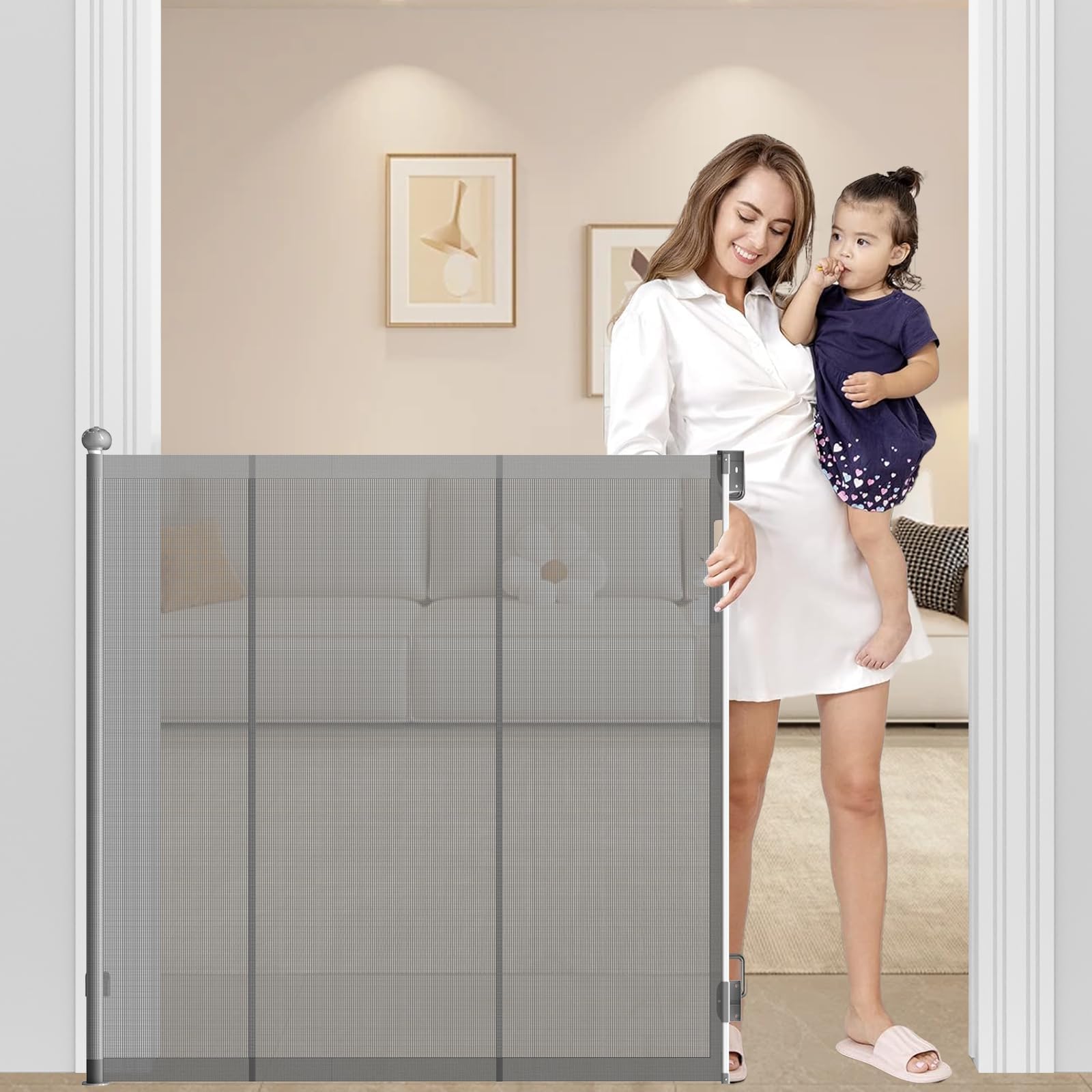 145cm Extra Tall Retractable Dog Gate,140cm Wide,Reinforced Retractable Gate Prevent Crawlling Through,One Hand Operate Retractable Safety Gate for Baby Pet Cat-NEW