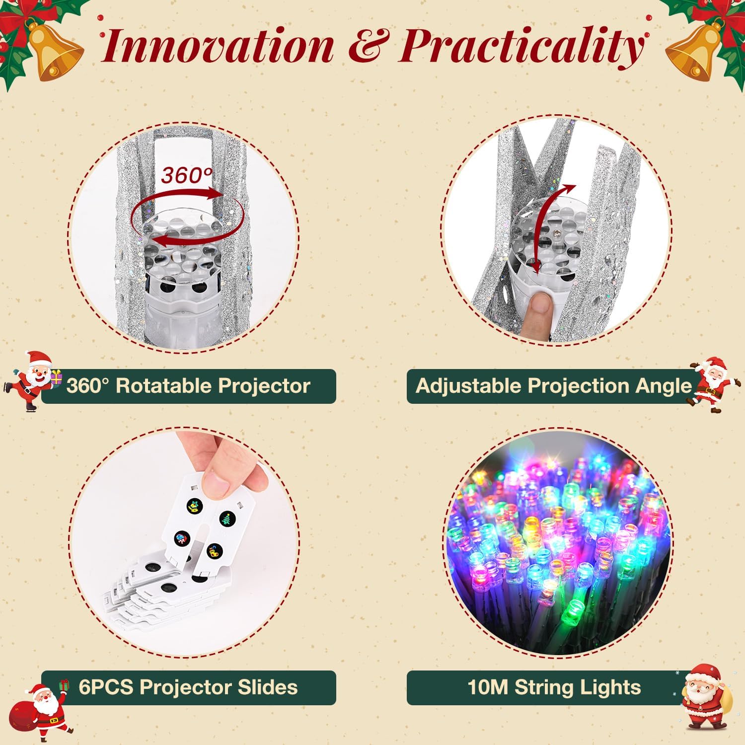 Christmas Tree Topper Lighted with 10M Colorful String Lights, Keten Silver Star Tree Toppers Decoration with 3D Rotating Pattern Projector, Tree Top for Indoor Outdoor Xmas Party Holiday (Silver)