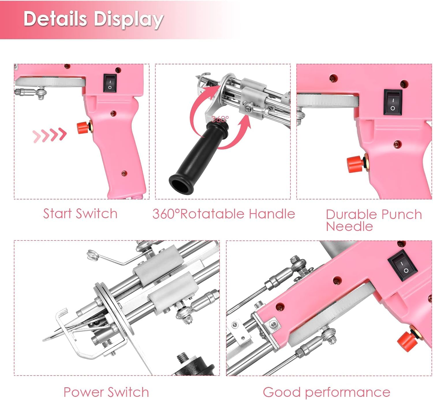 Tufting Gun 2 en 1,Pistola Tufting 5-40 Etapas/S Pistola de Tufting Eléctrica 7-21 mm Ajustable Máquina de Tejer Alfombras para Navidad Artesanía Alfombra Ropa Rosa
