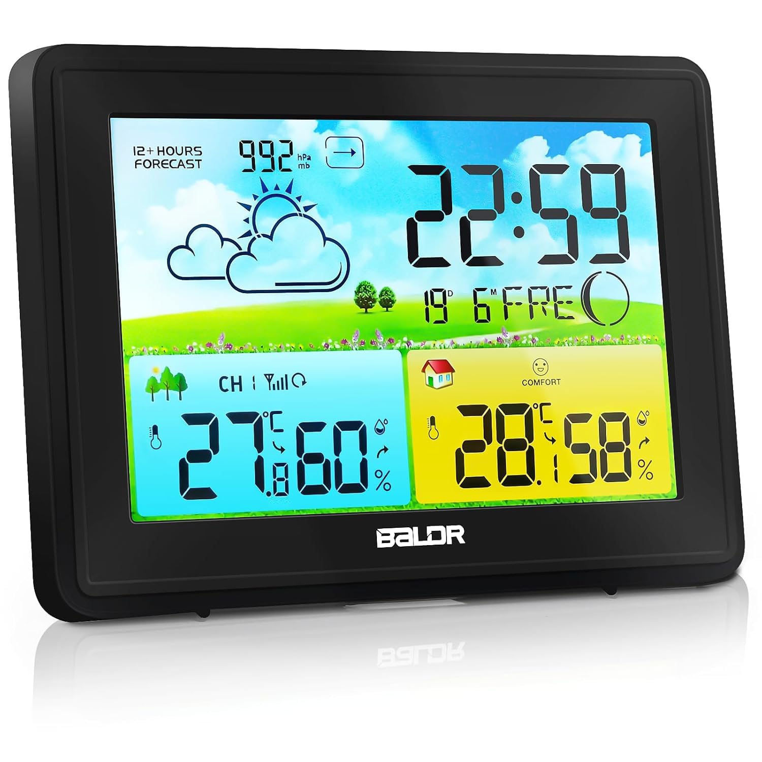 Wetterstation Funk mit Außensensor, Innen und Außen Temperatur, Luftfeuchte, Funkwetterstation mit Wettervorhersage, Barometer, Digital Farbdisplay DCF Funkuhr zum Stellen,Hängen,Schwarz