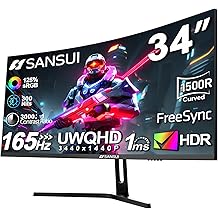 SANSUI 34-Inch Curved Gaming Monitor UWQHD 3440 x 1440 Up to 165Hz Curved 1500R - PIP/PBP, 1ms(MPRT), HDR, 300nits, sRGB 125%, DCI-P3 95%,FreeSync,HDMIx2,DP1.4 x2 (DP Cable Included)