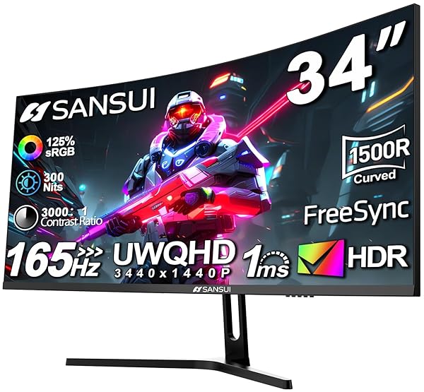 SANSUI 34-Inch Curved Gaming Monitor UWQHD 3440 x 1440 165Hz Curved 1500R - PIP/PBP, 1ms(MPRT), HDR, 300nits, sRGB 125%, DCI-P3 95%,FreeSync,HDMI x2,DP1.4 x2 (ES-G34C5 DP Cable Included)
