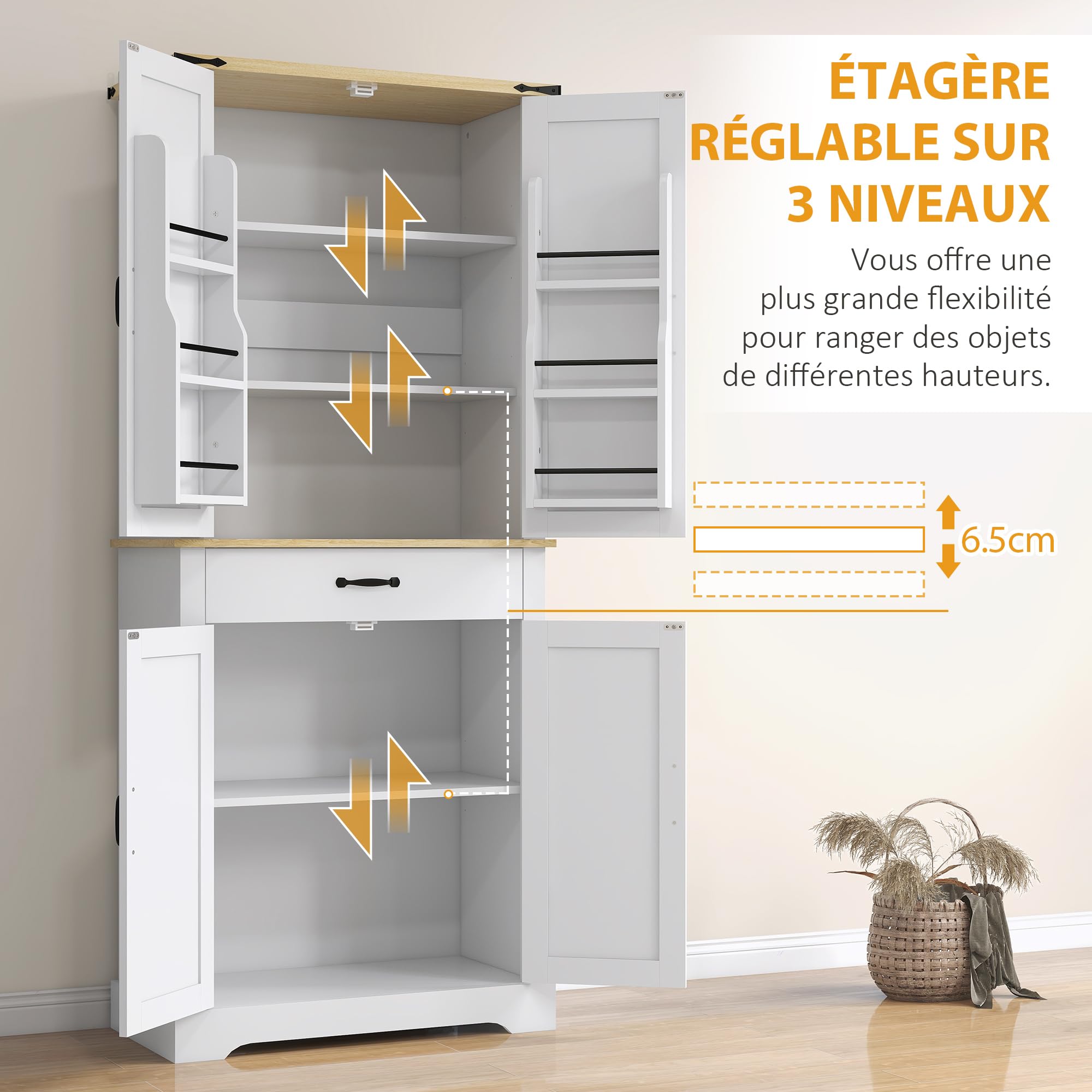 HOMCOM Armoire de Cuisine Buffet Cuisine 4 Portes 76,5 x 40 x 181 cm Blanc