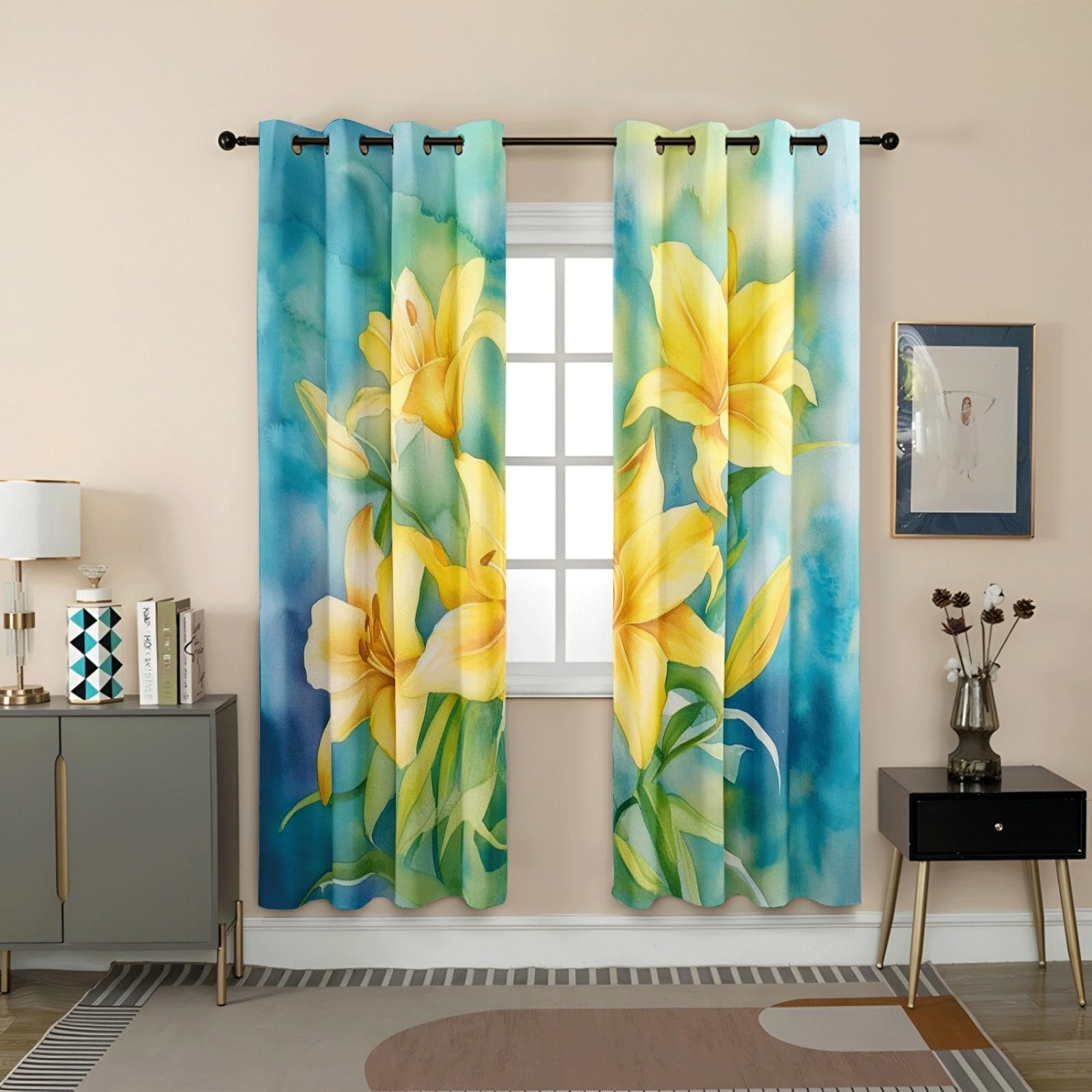 Gardinen Elegante Gelbe Blume Schallschutz Vorhang Blickdicht Verdunklungsvorhänge Polyester Waschbar Thermovorhang Dekoration Vorhänge mit ösen 2 Platten (2x75x166 cm)