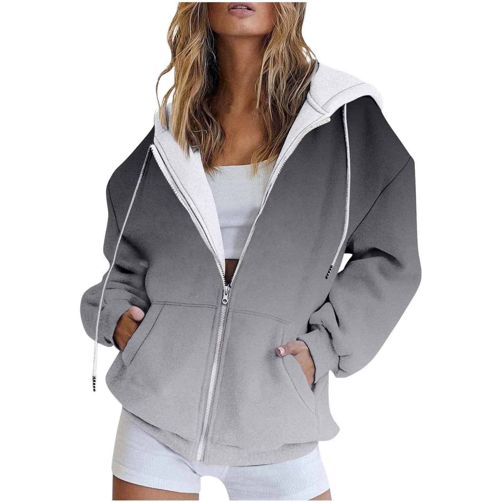 DealinMHoodies for Women Long Sleeve Zip Up Y2k Clothes Drawstring Oversized Jackets Casual Loose Sweatshirts with Pockets