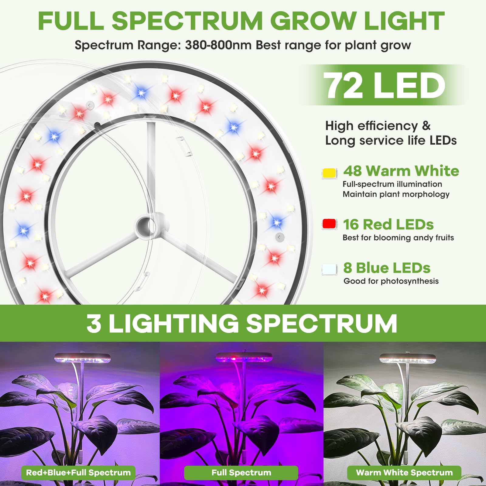 Spettro completo 72 LED Lampada per piante,Lampada per piante con spina europea e timer automatico 3/9/12,10 livelli di luminosità e 3 modalità di illuminazione regolabili,altezza 12-59inch(1PCS)