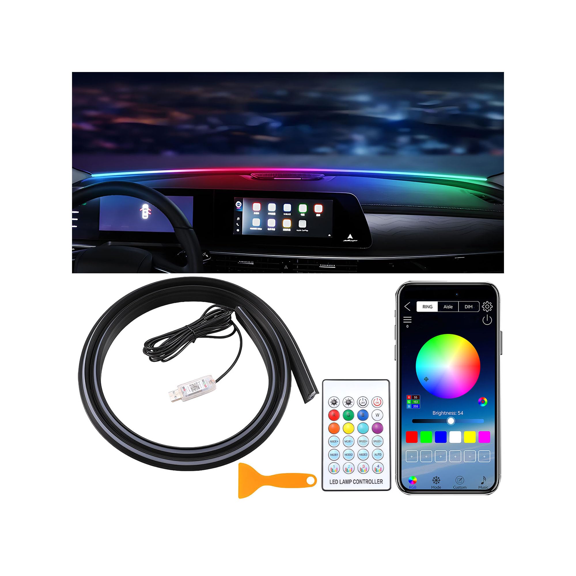 Striscia LED Auto Interni,Kit di Illuminazione Led Ambientale RGB Telecomando, App e USB,140 cm Luce Striscia Acrilica Interno Automobile LED,Neon Luce di Musica Striscia Auto
