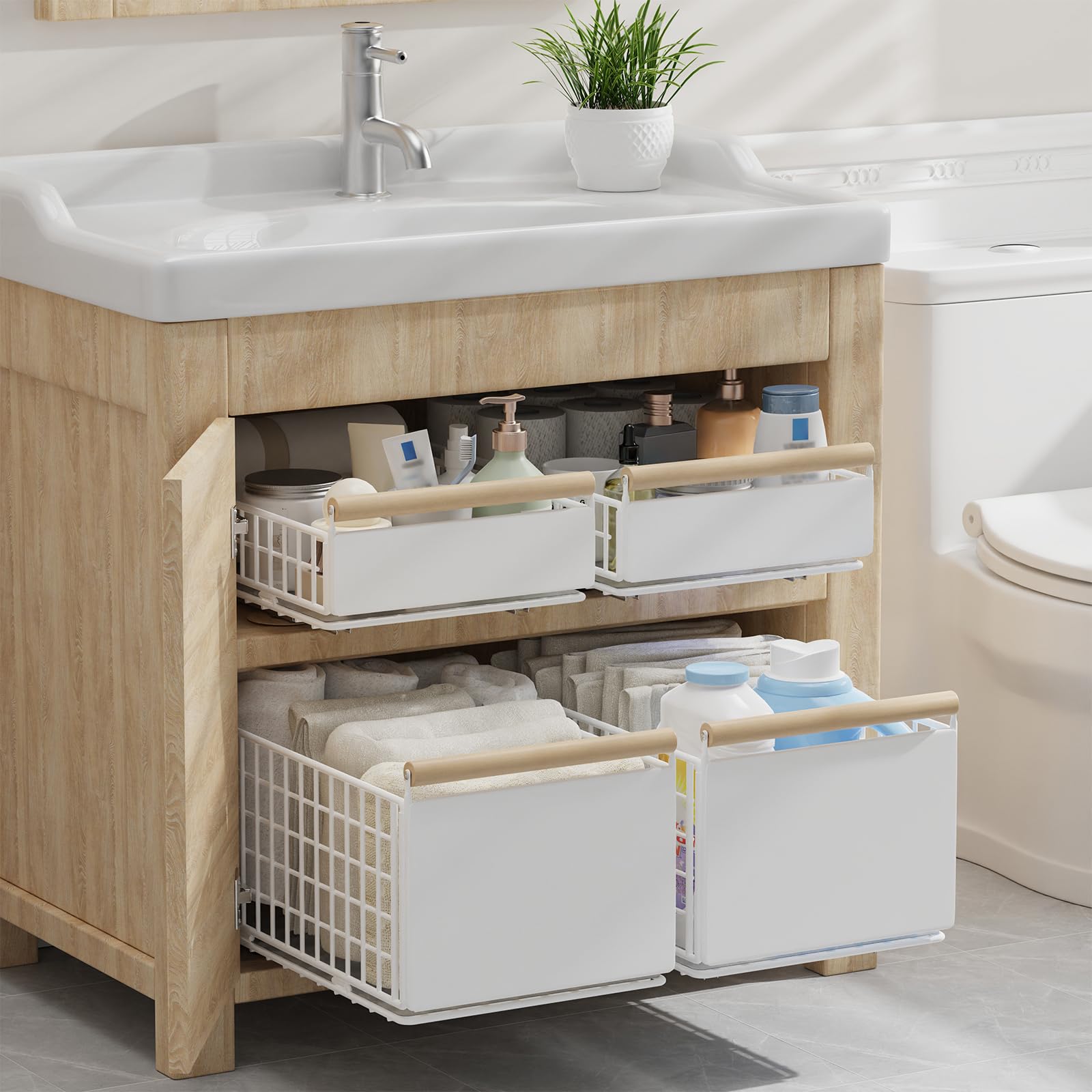 2 Pièce Tiroir Rangement Cuisine Placard, 39.5×23.5×19.5cm, Blanc | Panier Coulissant Adhesif,Organiseurs d'Armoires,Organisation de Placards, Facilité D'Installation,Schubladen Organizer