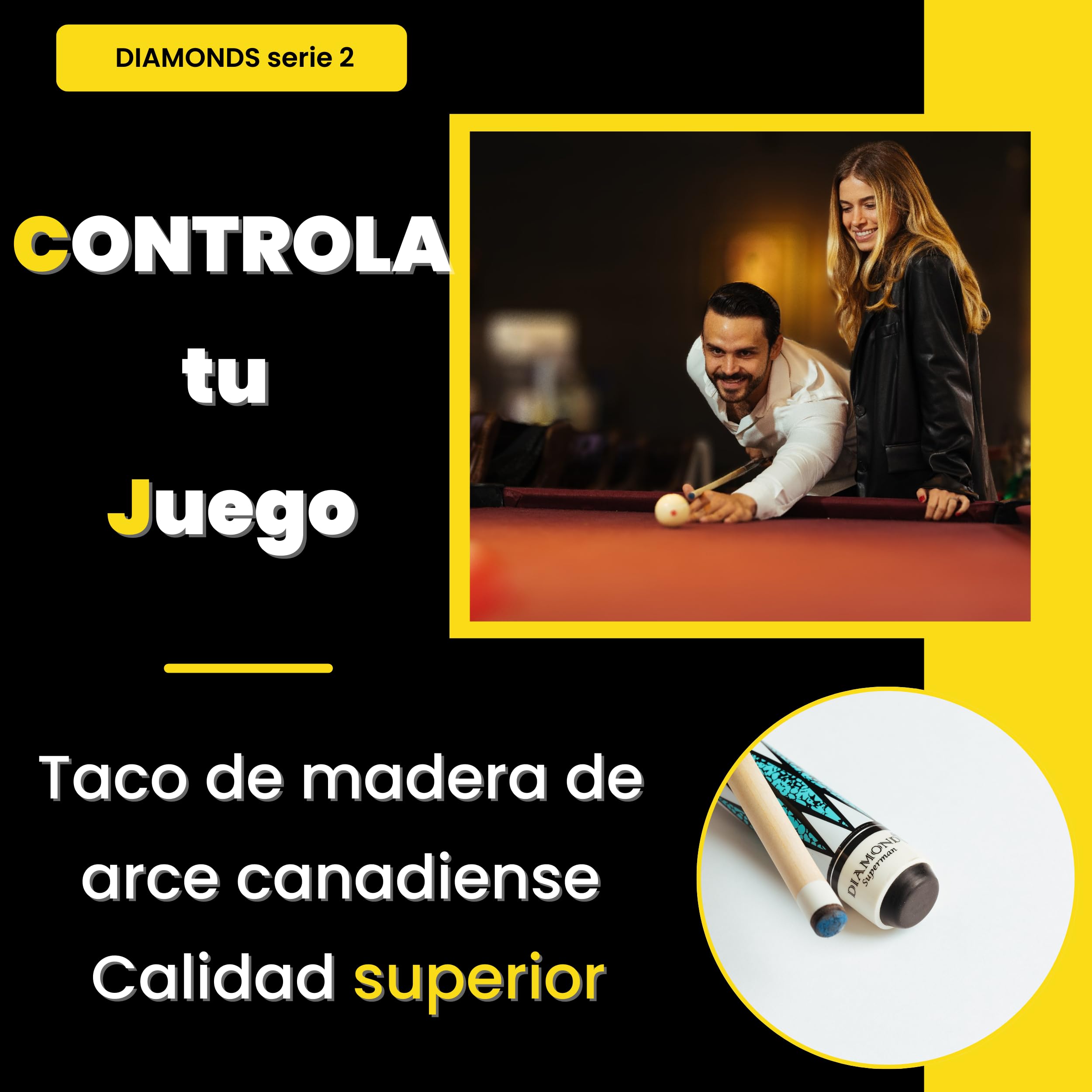 Juego de 2 Varillas de Billard Americano – Cola de Billar de Madera de Arce Macizo, Flexible y Resistente para Mayor Control y precisión – Diseño Original
