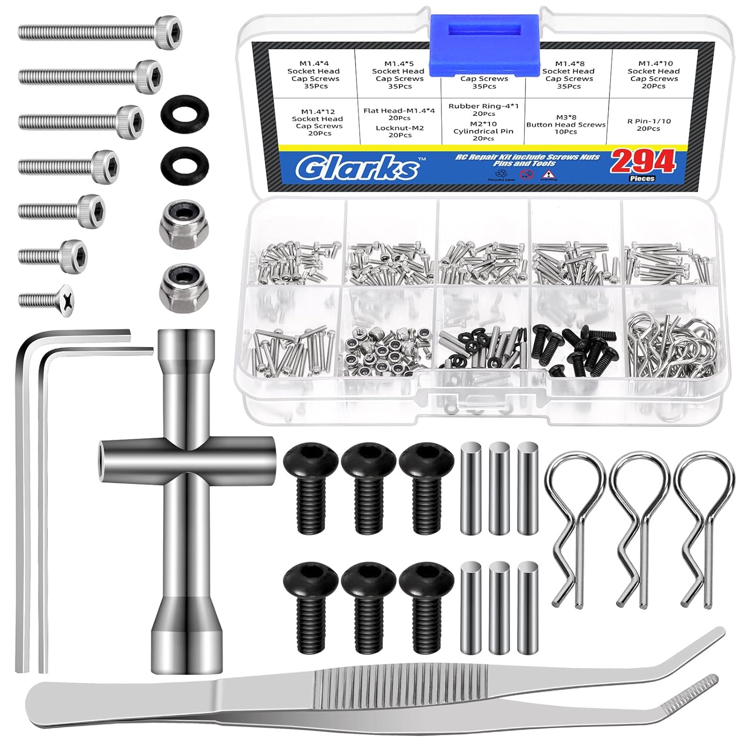 Glarks 294pcs M1.4 x 4/5/6/8/10/12MM Universal RC Screw Kit, RC Cars Trucks Crawler Parts Hardware Fasteners, RC Screw Hardware Fasteners for Axial SCX24 1/24 RC Crawler Truck Deadbolt C10 Jeep Betty