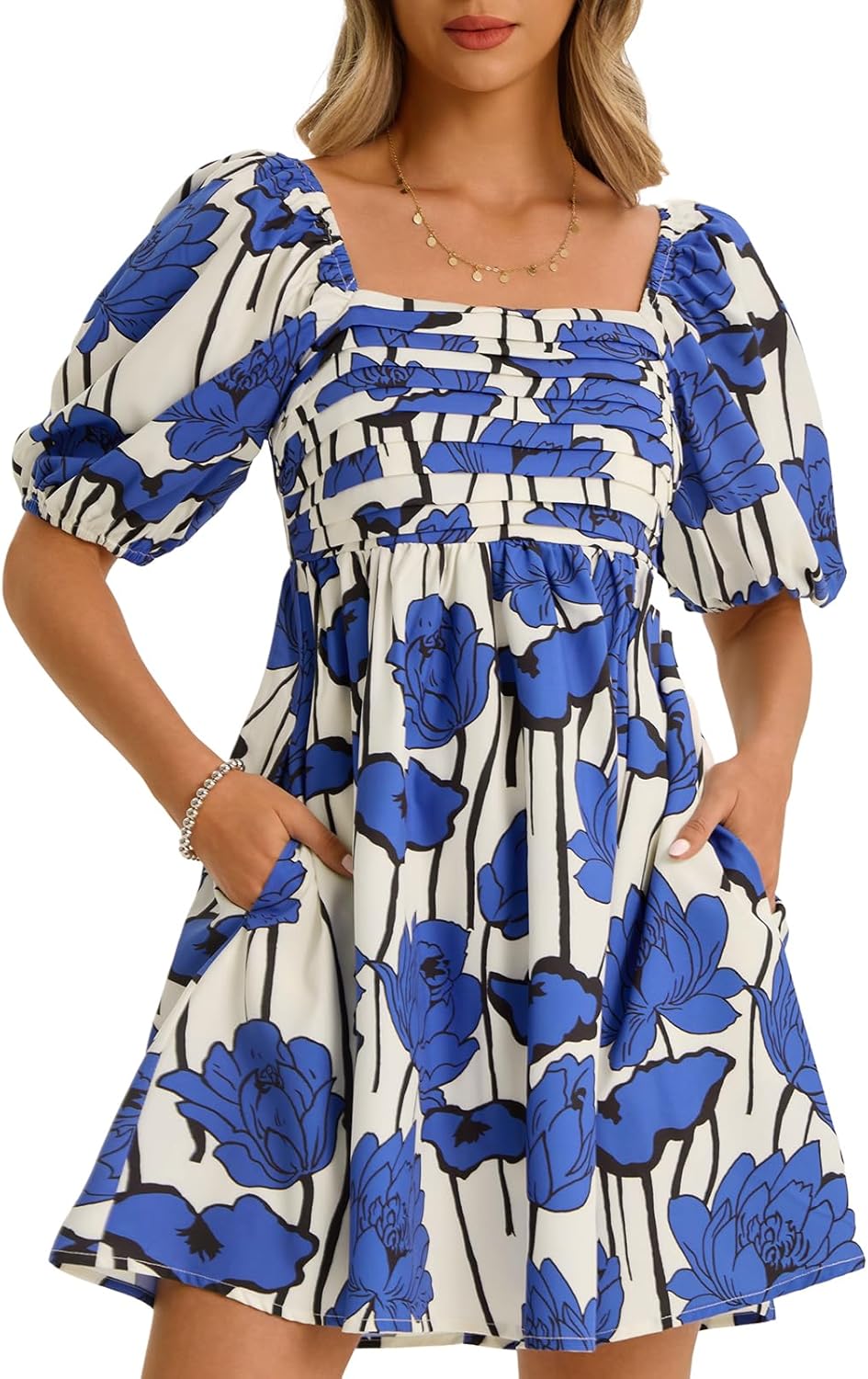 Wenrine Womens Summer Square Neck Mini Dresses Casual Floral Puff Short Sleeve Smocked High Waisted A-Line Babydoll Dress