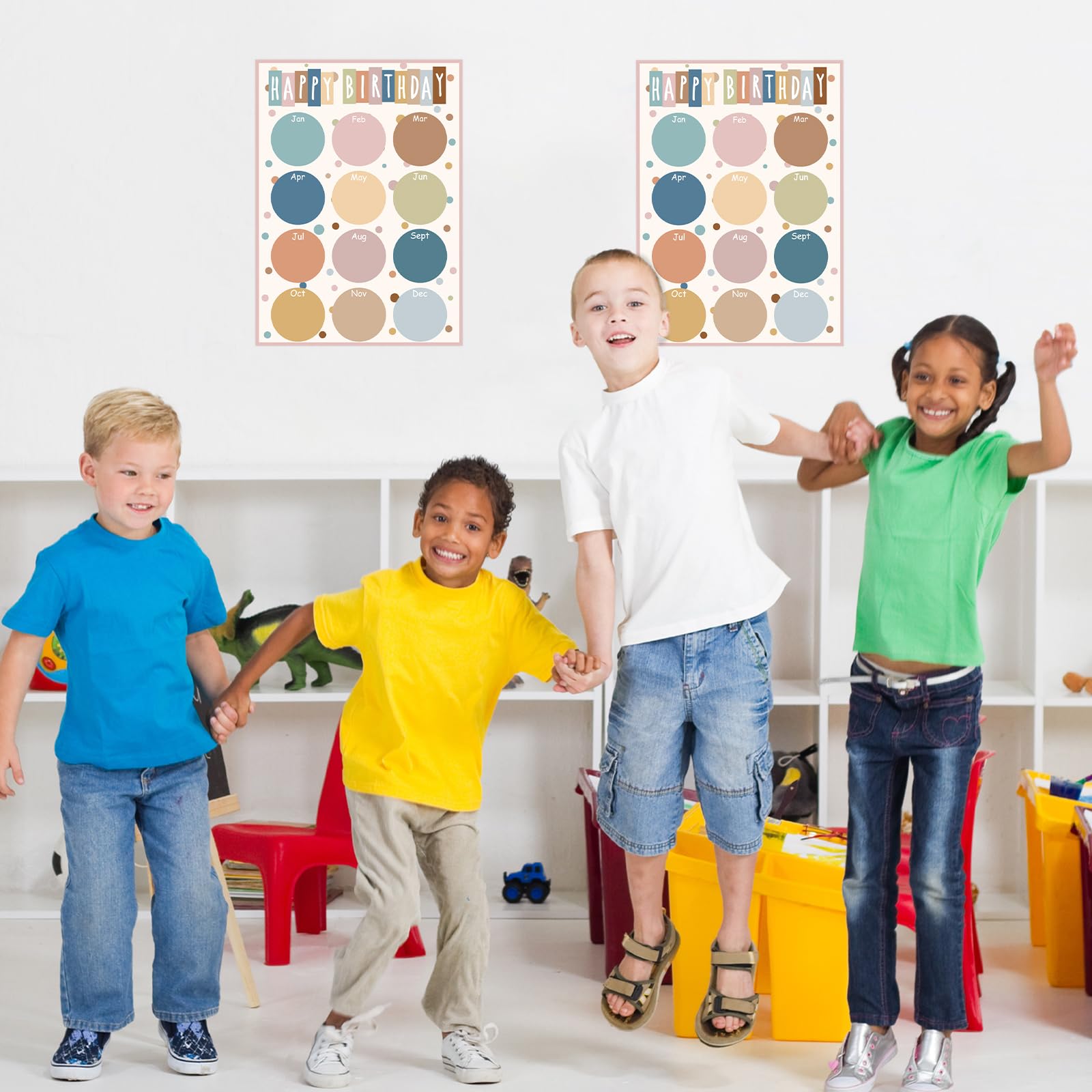 JarThenaAMCS 2 Stück Happy Birthday Poster Chart Boho Farbkreise Punkte Geburtstag Kalender Poster Klassenzimmer Pinnwand Dekor für Vorschule Kindergarten Schulbedarf