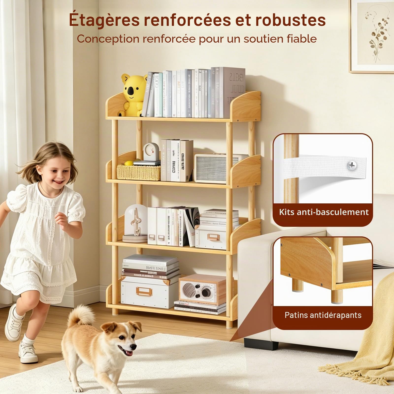 Étagère Bibliothèque 4 Niveaux, Étagère Ouverte Verticale, Meuble de Rangement Autoportant en Bois Massif pour Salon, Chambre et Chambre d’Enfant, Bois Naturel