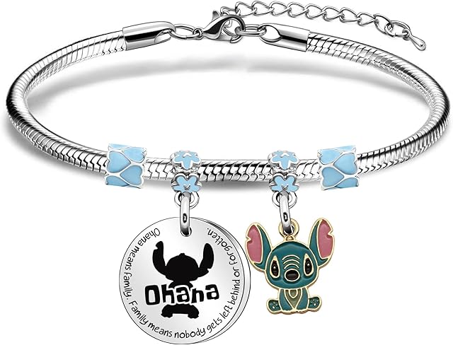 Stitch Ohana Silver Bracelet For Women,Ohana Means Family Pendant Bracelet Cartoon Bracelet Stitch Fashion Jewellery Gifts for Women Lady Girls Gift for Best Friend Sisters