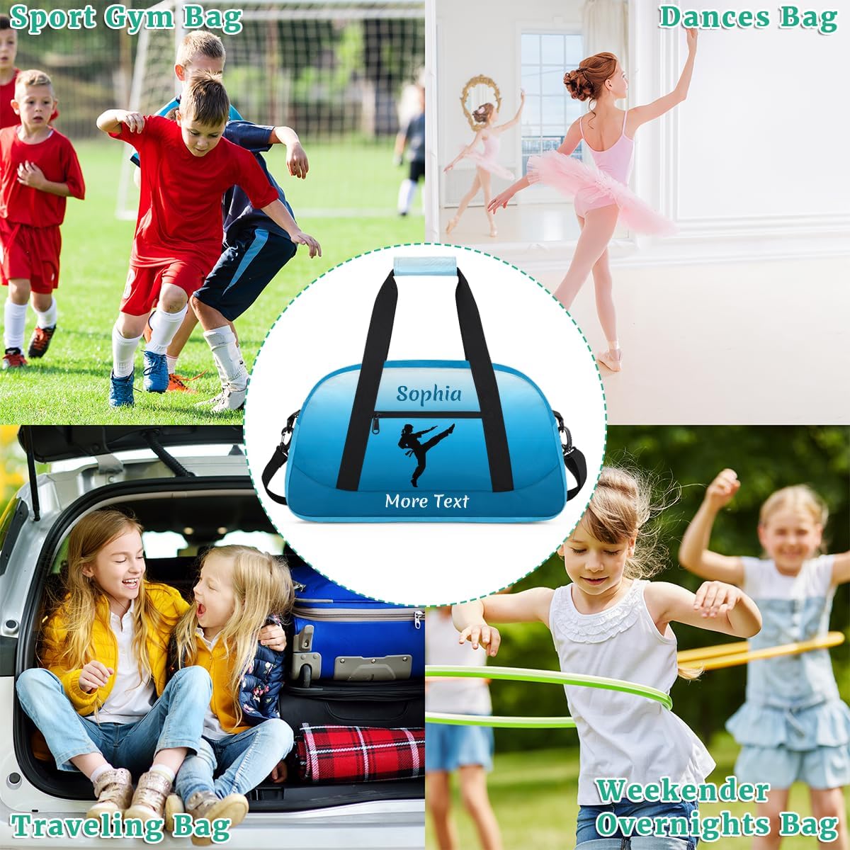 Personalized Kids Gym Bag for Girls Custom Name Sports Duffel Bag Weekender Overnight Travel Bags Blue Martial Arts Gifts