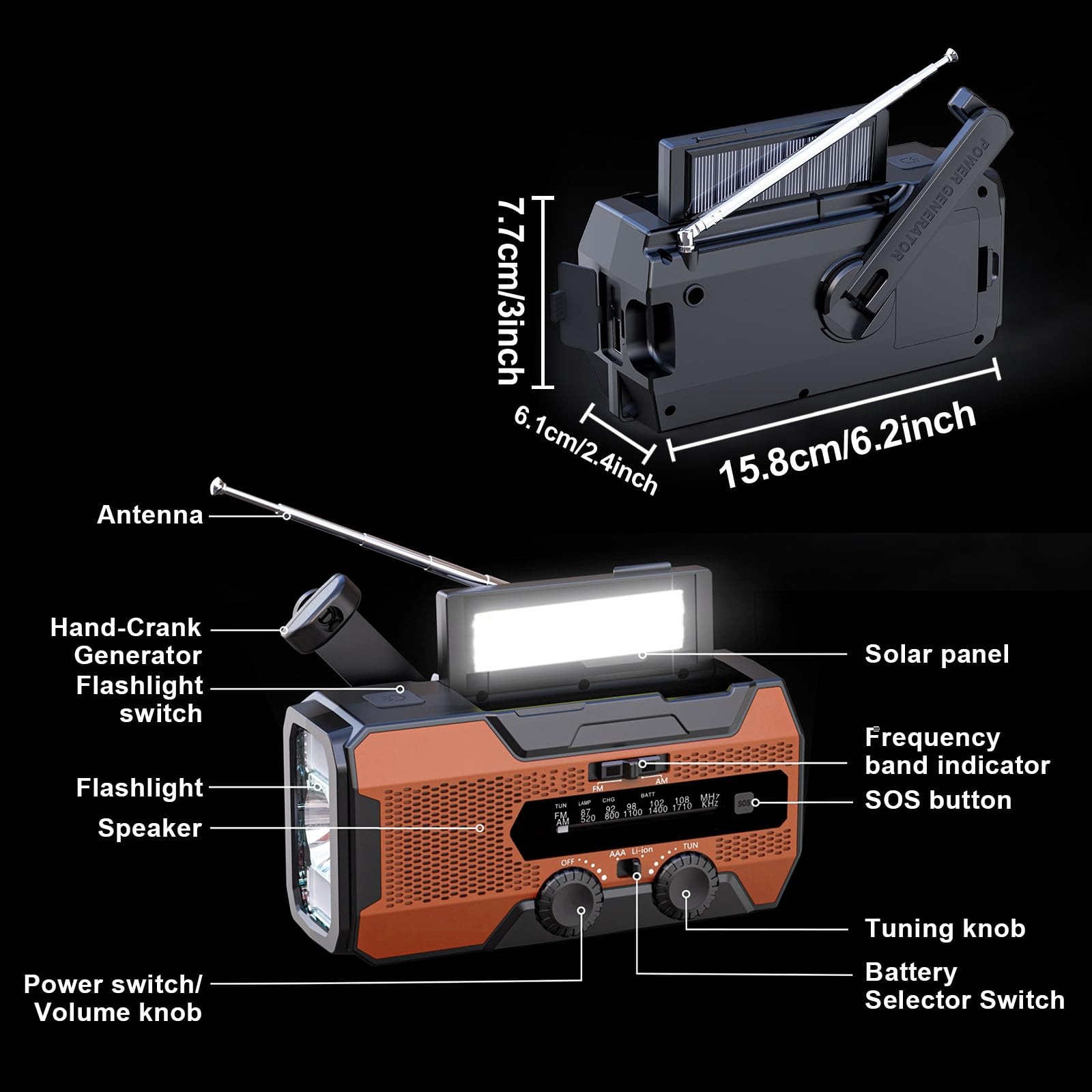 SOLARBABY A1 Radio a manovella, Radio Solare Portatile con 10000mAh Powerbank, AM/FM Radio di Emergenza Solare con Torcia Luce di Lettura Allarme SOS USB per Emergenze Blackout Campeggio, Arancione
