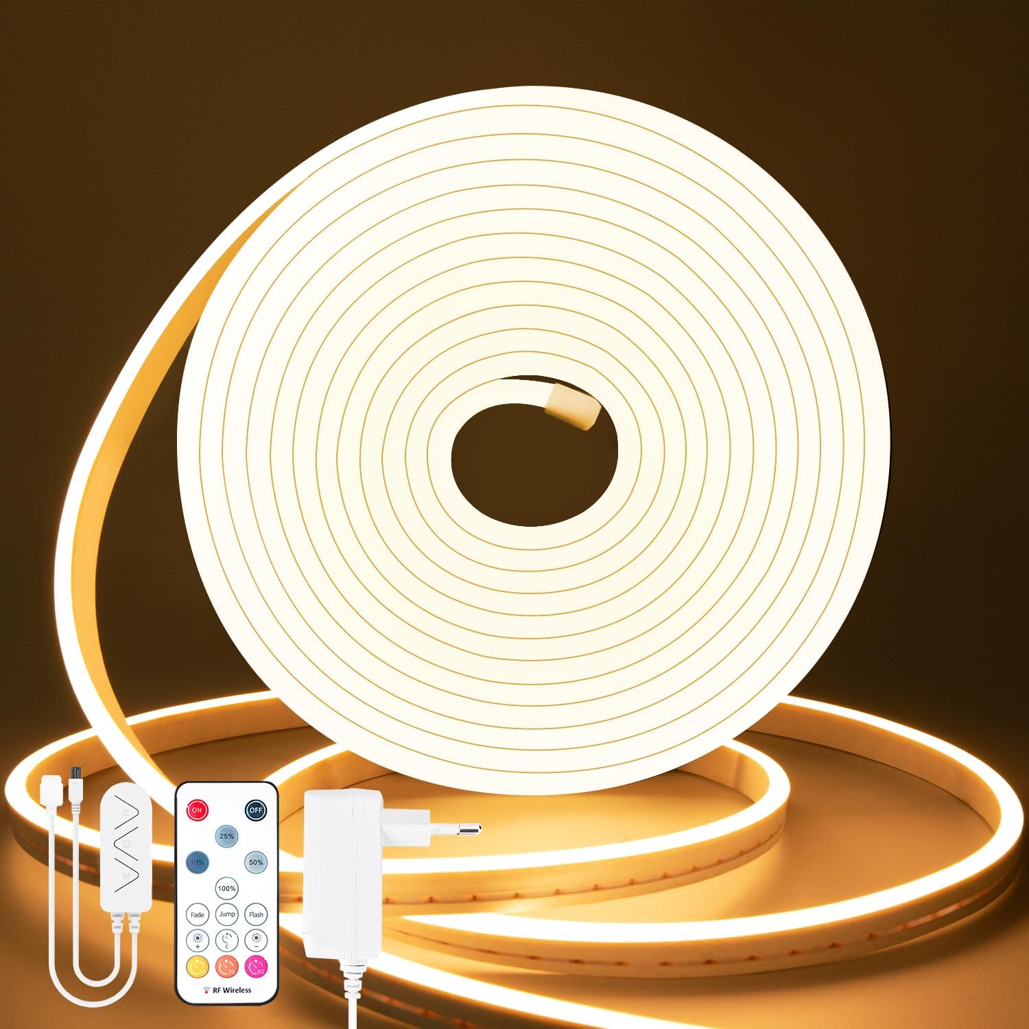 Lamomo Ruban LED 5M Blanc Chaud 12V Dimmable Néon Bande LED 3000K Etanche DIY Bande Lumineuse Flexible avec Alimentation et Télécommande IR pour Intérieur/Extérieur Maison Cuisine Décoration