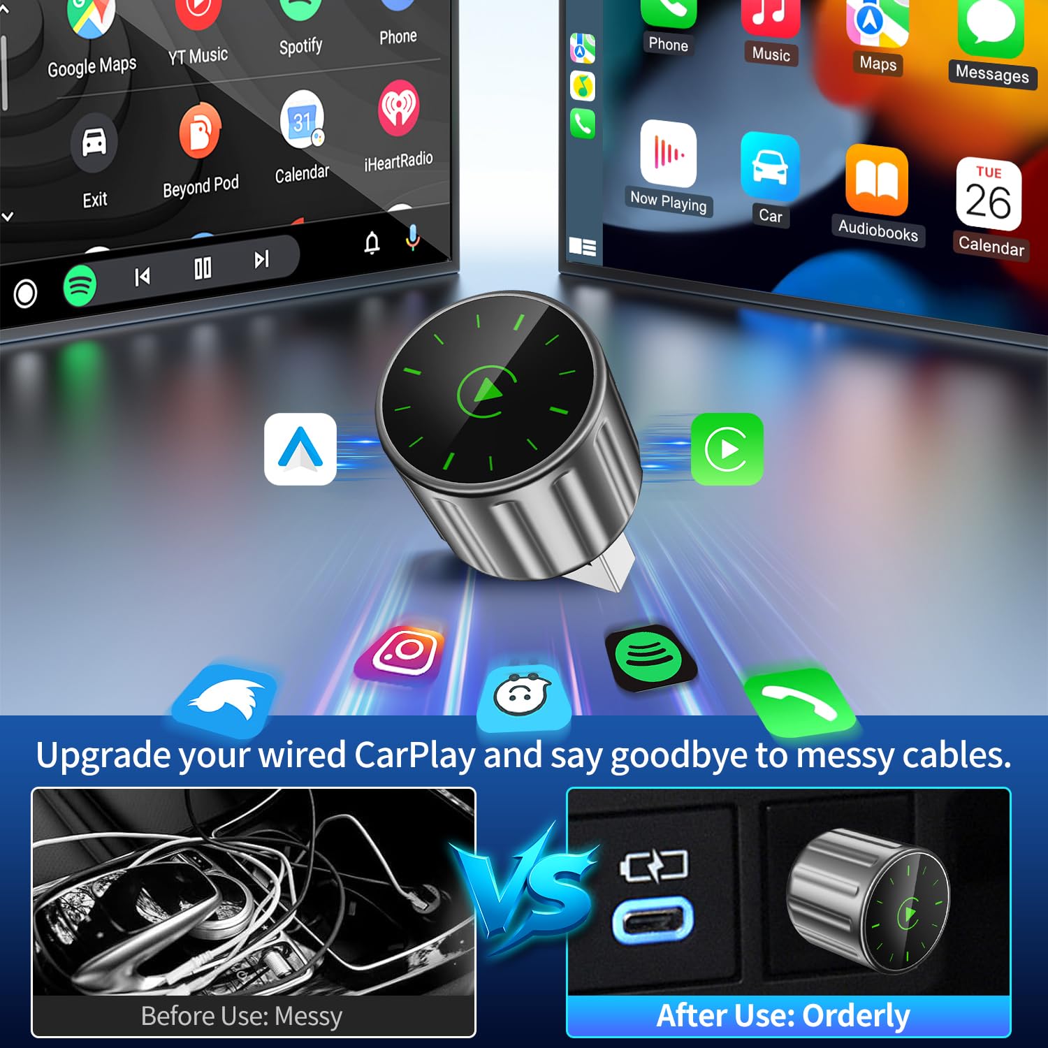 Adattatore 2 In 1 Wireless Carplay E Android Auto,Converte Da Cablato A Wireless, Connessione Automatica, Plug & Play per auto con CarPlay cablato,Supporta iOS 10+ e Android 11+ (Grigio)