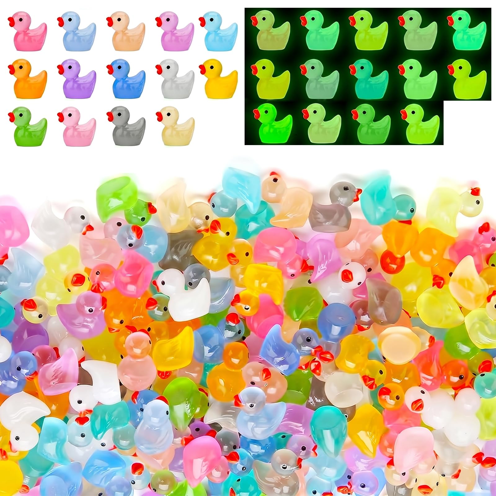 Mnuwoee 200Pcs Mini Ducks, Luminous Resin Tiny Ducks Glow in The Dark
