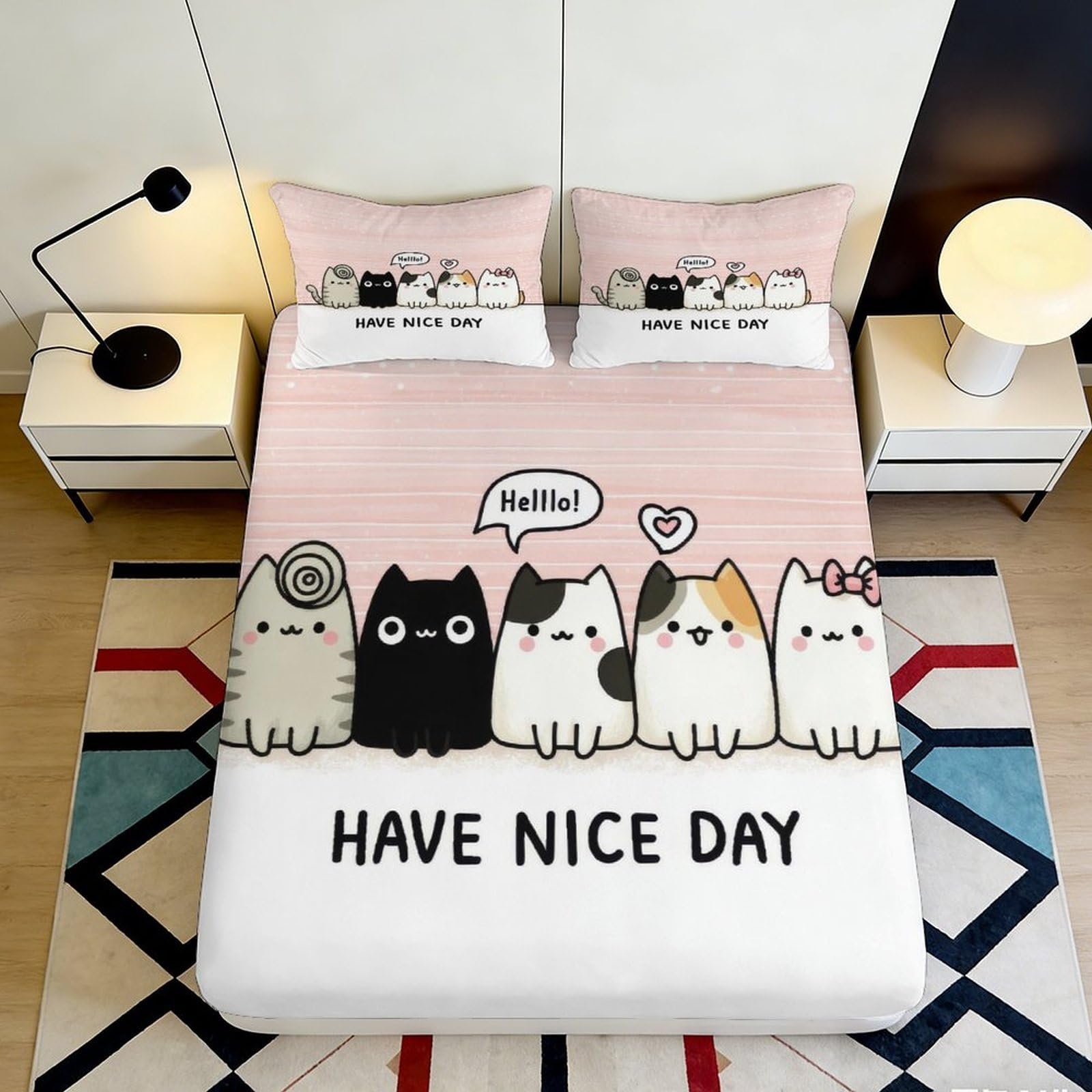 3D Printed Cartoon Cat Fitted Sheet Microfiber Deep Pocket Non-Slip Cat Mattress Fitted Cover Bedding for Adults Teens 180x200x25cm