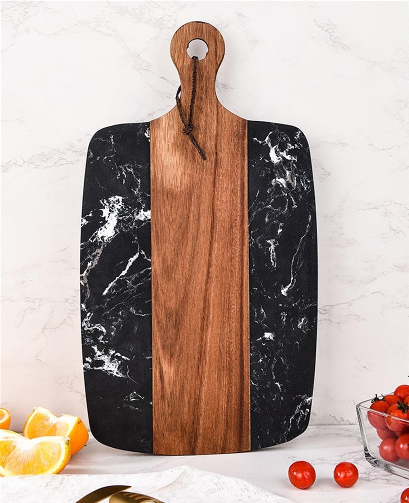 Tabla de Cortar Cocina Tabla De Cortar De Acacia De Mármol Con Mango Para Cocina, Tablas De Cortar Para Carne, Verduras Y Frutas para Cortar Pan, Carne o Verduras(18.5 * 35cm)