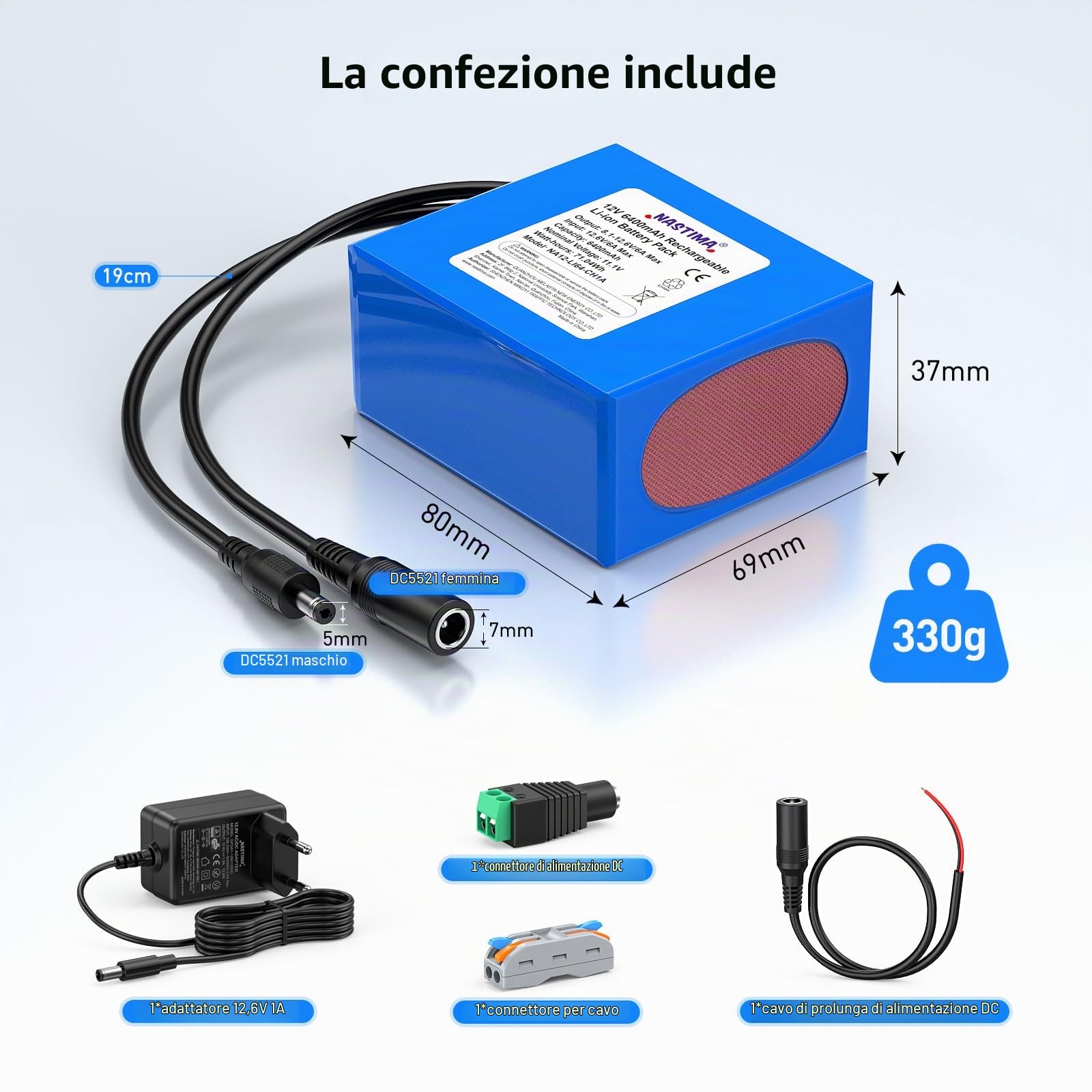 NASTIMA 6400mAh 71,04Wh 12V Batteria Ricaricabile Agli Ioni di Litio | Adatta per Fotocamere, Videocamere, Lettori MP3, Telecamere CCTV, Router, Radio, ecc. Include Caricabatterie e Connettore