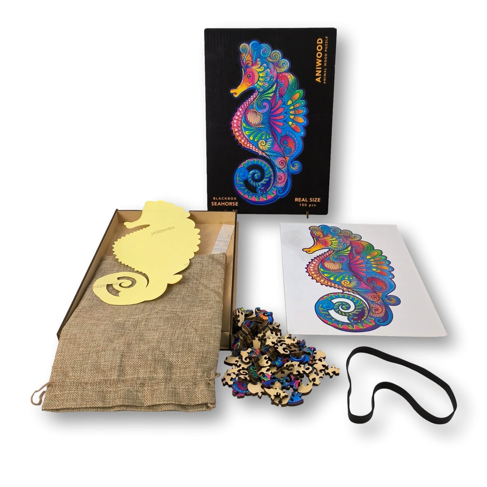 ANIWOOD Puzzle de Madera de Animales. Tapa troquelada, Caja a tamaño Real del Puzzle. 3 Modos de dificultad, Elemento Decorativo. Piezas únicas Originales de Animales (Medium, Caballito de Mar) — view 2