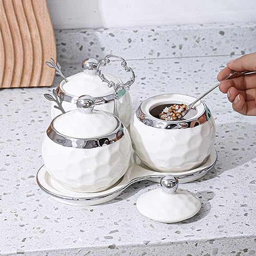 Miniatura 8 de Recipiente de porcelana de golf para condimentos de sal con tapa y cuchara, juego de 3, moderno tarro de condimentos, color blanco y plateado