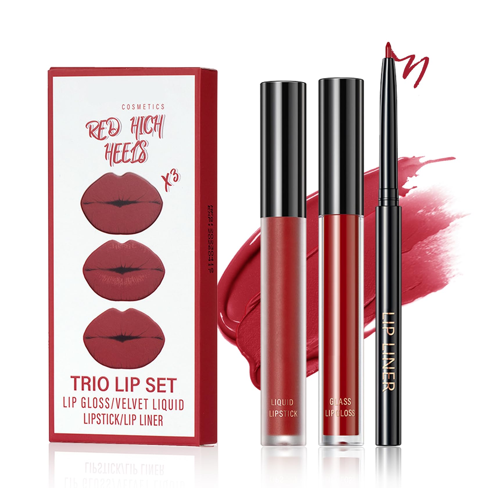 3 in 1 Red Lip Liner and Lip Gloss Lipstick Set for Women Waterproof Lip Liner and Lipstick Combo Long-lasting Smudge Proof Lip Kits Daily Professional Lip Makeup (06# Red High Heels)