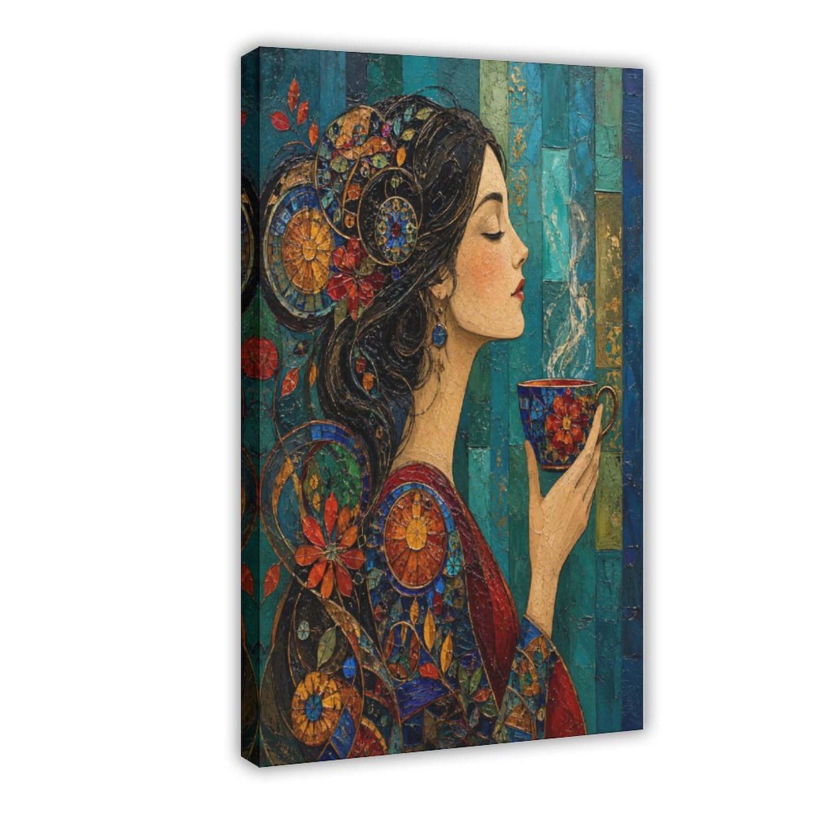 H3B8U2Y5 Woman with Teacup Canvas Wall Art, Byzantine Jewel Mosaic