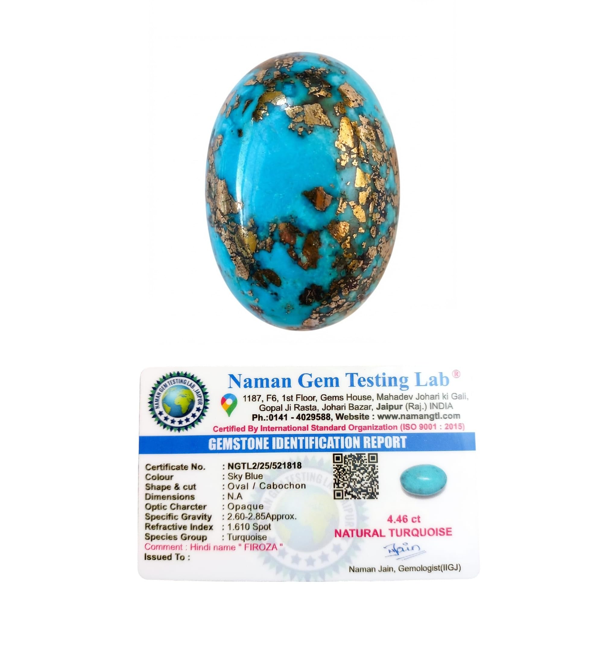 Natural Original Firoza Turquoise Gemstone Lab Certified Double Polished Oval Loose Stone for Astrological Ring and Pendant (2.25 to 4.25 Carat)