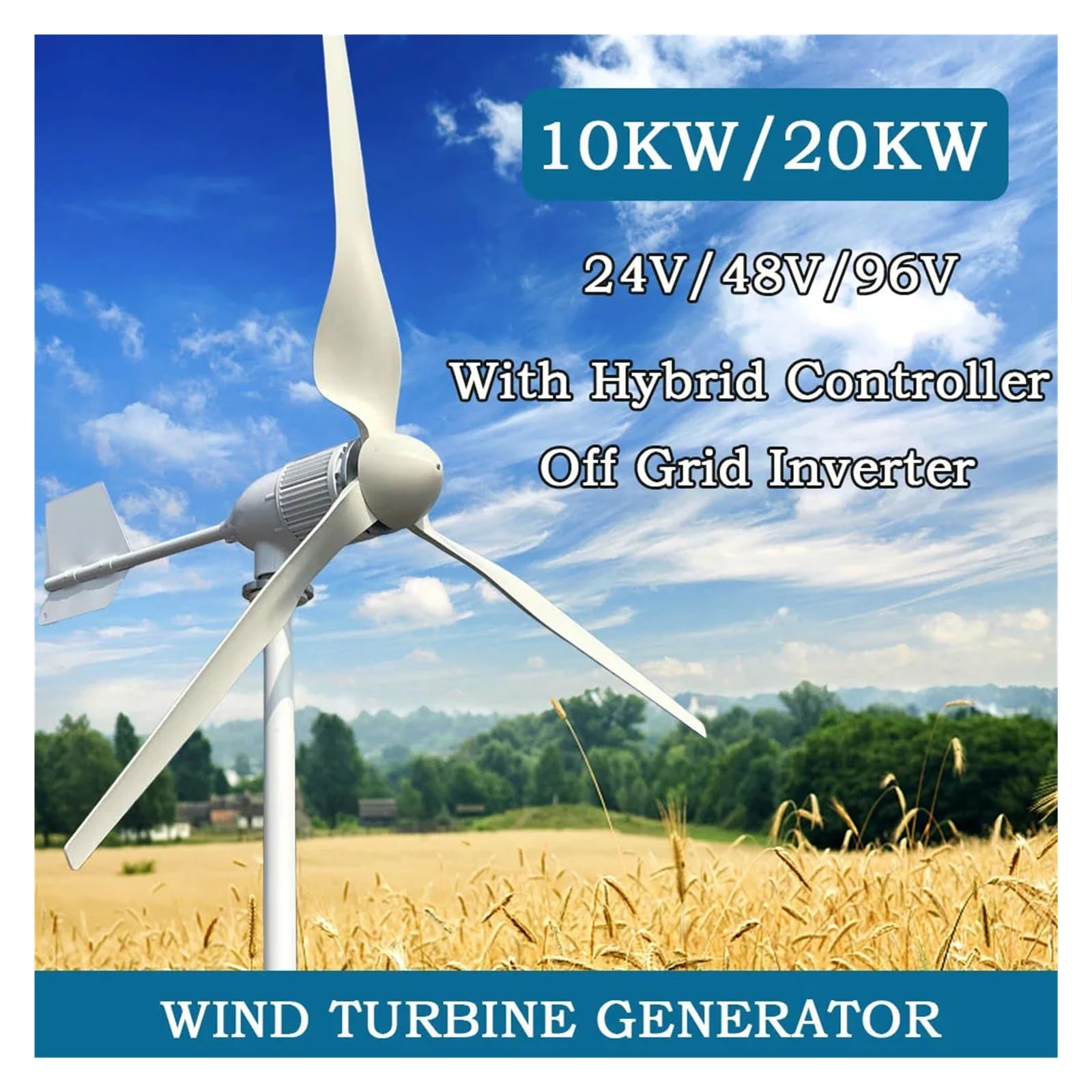 Kit generatore eolico orizzontale off-grid da 20 kW per uso domestico, 96 V/48 V/24 V opzionale, potente uscita inverter off-grid, controller ibrido a bassa velocità di avviamento.