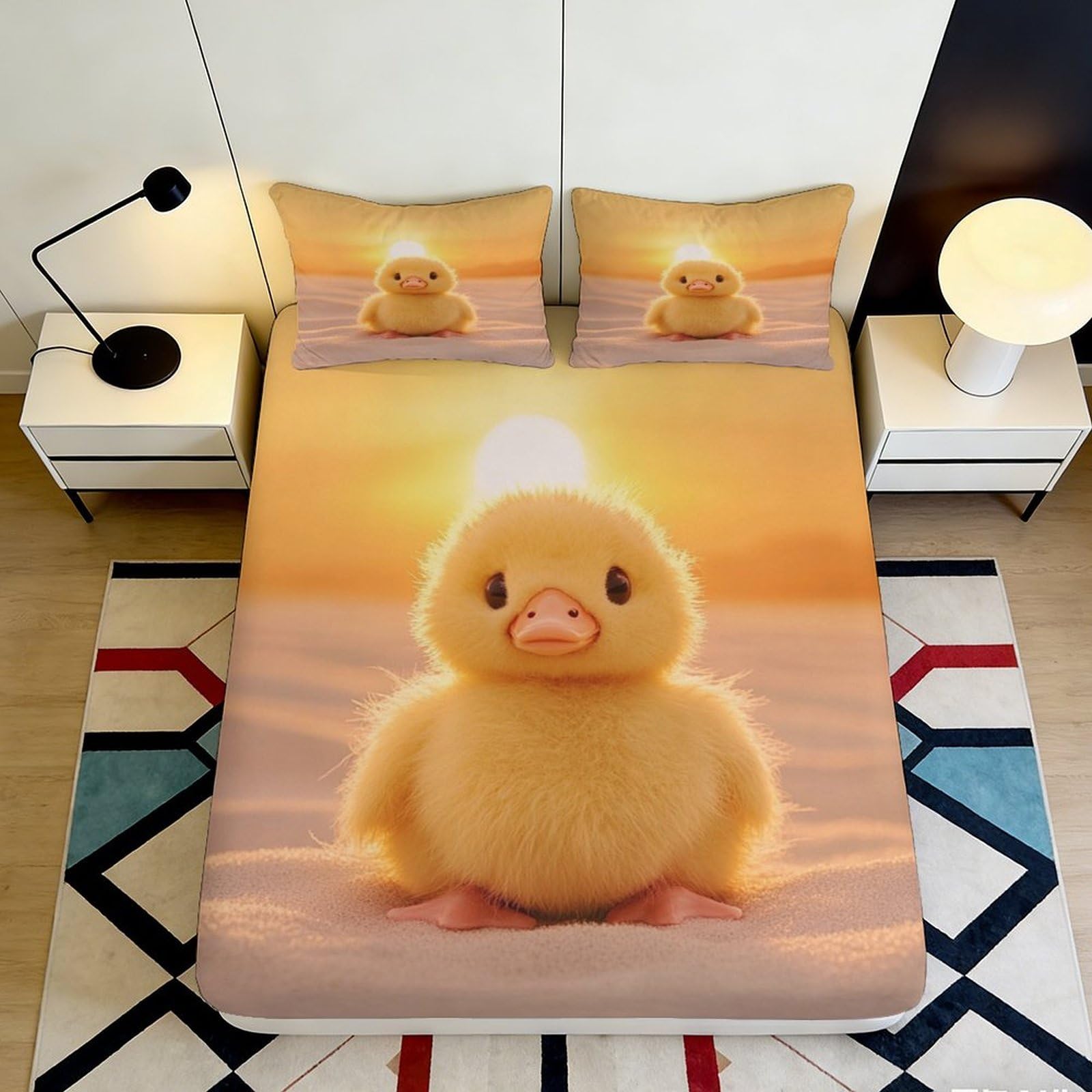 3D Printed Duck Pattern Microfiber Fitted Sheet Deep Pocket Non-Slip Bedroom Bedding for Adults Duck Mattress Fitted Cover 180x200x25cm
