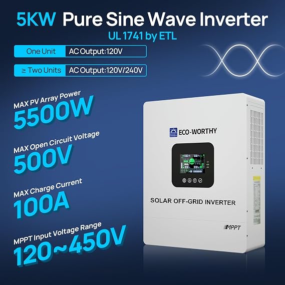 ECO-WORTHY Home Power Station Backup Power,10240Wh LiFePO4 Battery Support CommunicationBluetooth and WiFi,AC 5000W Inverter, 2Hr/5Hr Fast Charge,for Home Backup,Emergency,Solar System Components