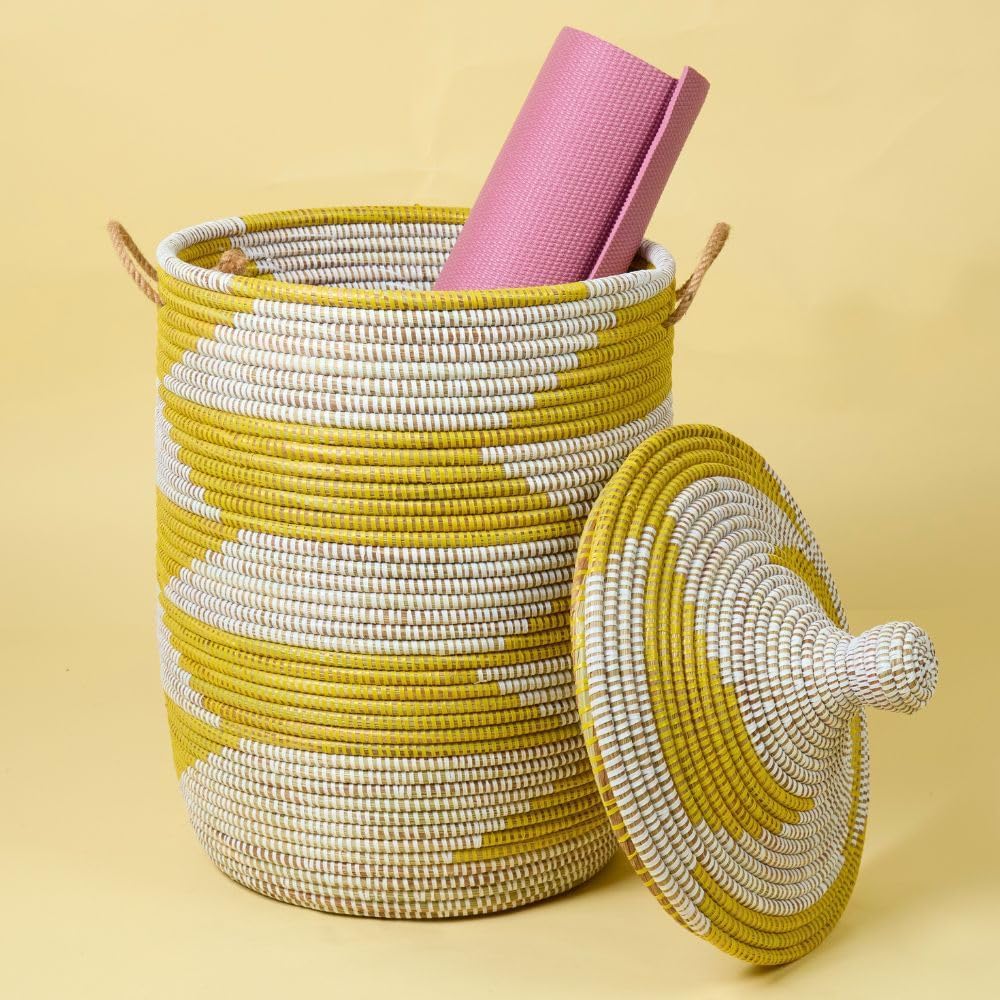Medium Yellow Basket - Organize Bedroom, Living Room, Nursery - Laundry Hamper, Toy Bin, Blanket Storage, Towels Holder - Decorative, Boho Style - Wicker, Woven, Lid, Handles
