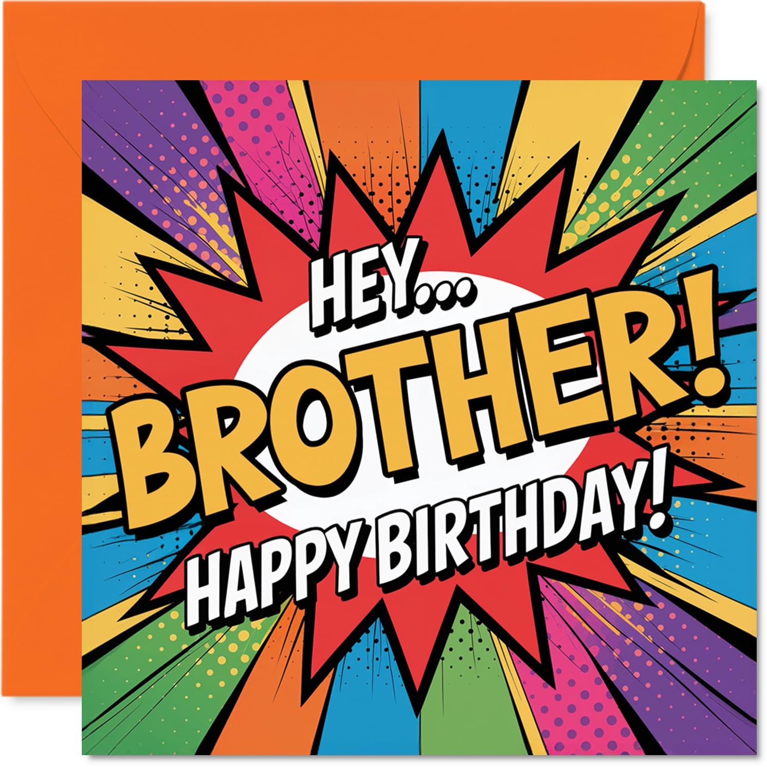 Playful Birthday Card for Brother - Bursting with Birthday Energy - Comic-style Multicolour Design with Bold 'HEY... BROTHER!' Text - 145mm Square, Envelope Included