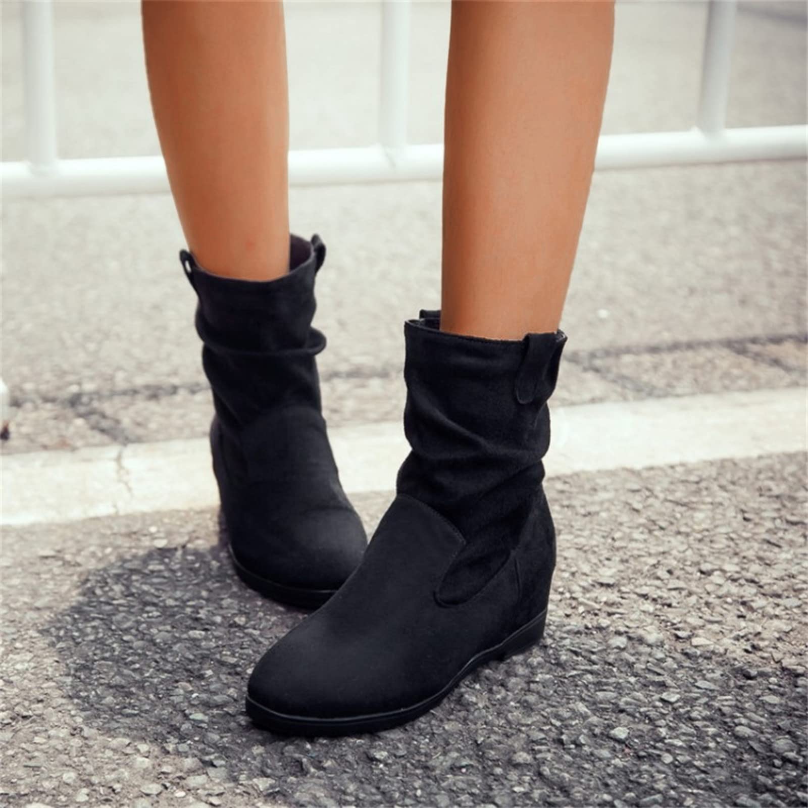 Cocila Botas Casuales De Cabeza Redonda Plisada Ante Color Sólido A La Estilo Británico para Mujer Camperas Blancas Altas Invierno Planas Barefoot Botines Tacon Fino Bajo Planos Pitillos Lluvia
