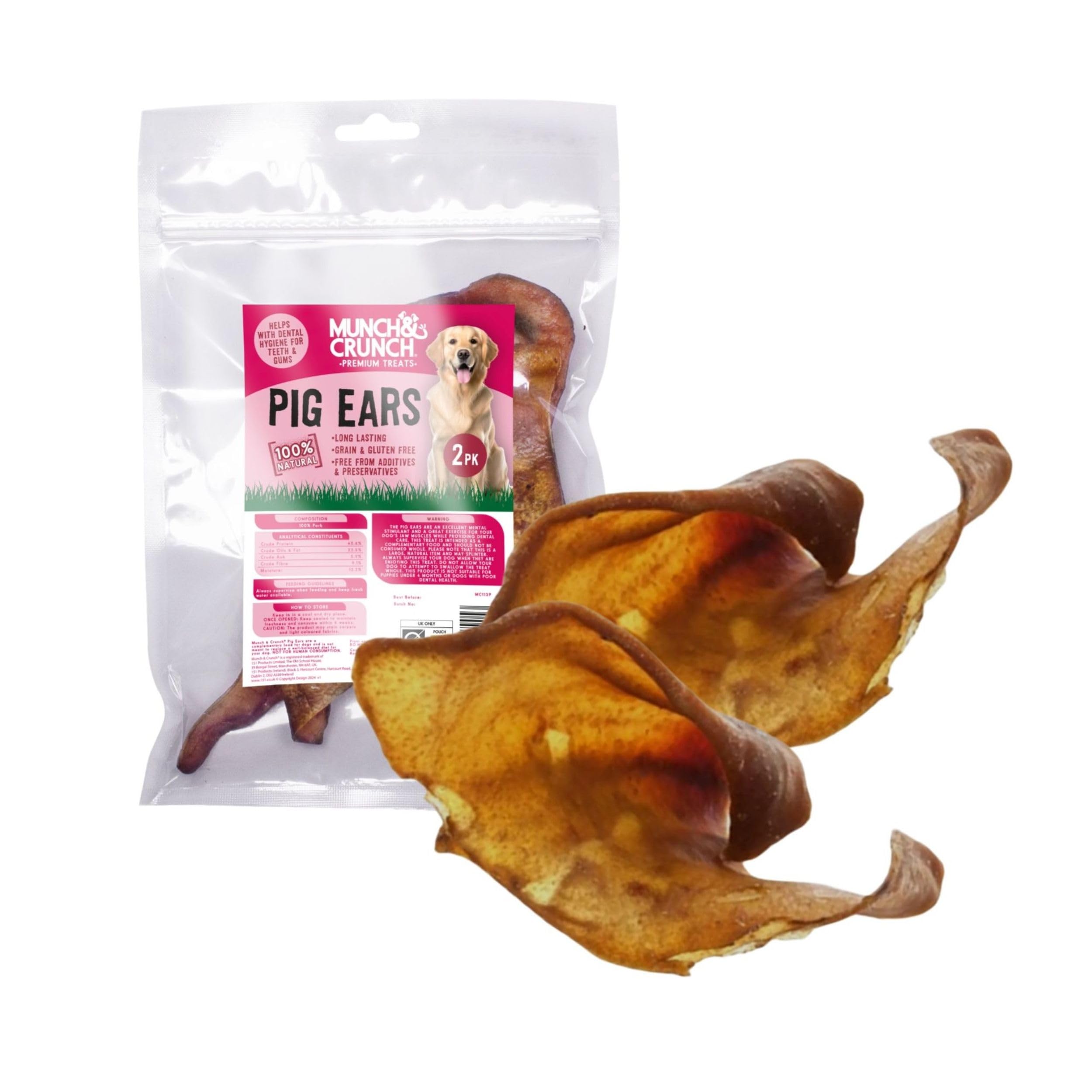 Munch & Crunch pack of 2 natural pig ears for dogs - 100% natural pork pig ears dog treat - high protein long lasting dog chew - grain and gluten free - free from additives.