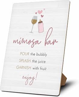 Mimosa Bar Sign For Baby Shower, Mimosa Bar Supplies Decor For Gender Reveal Party, Pink Baby Shower Sign For Girl, 8x10 Wooden Tabletop Sign With Stand, 06