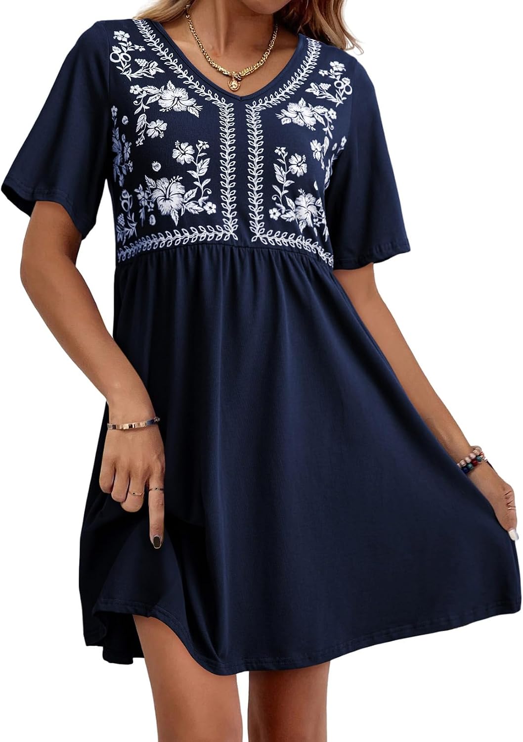 Dokotoo Womens Summer Casual V Neck Floral Babydoll Dress