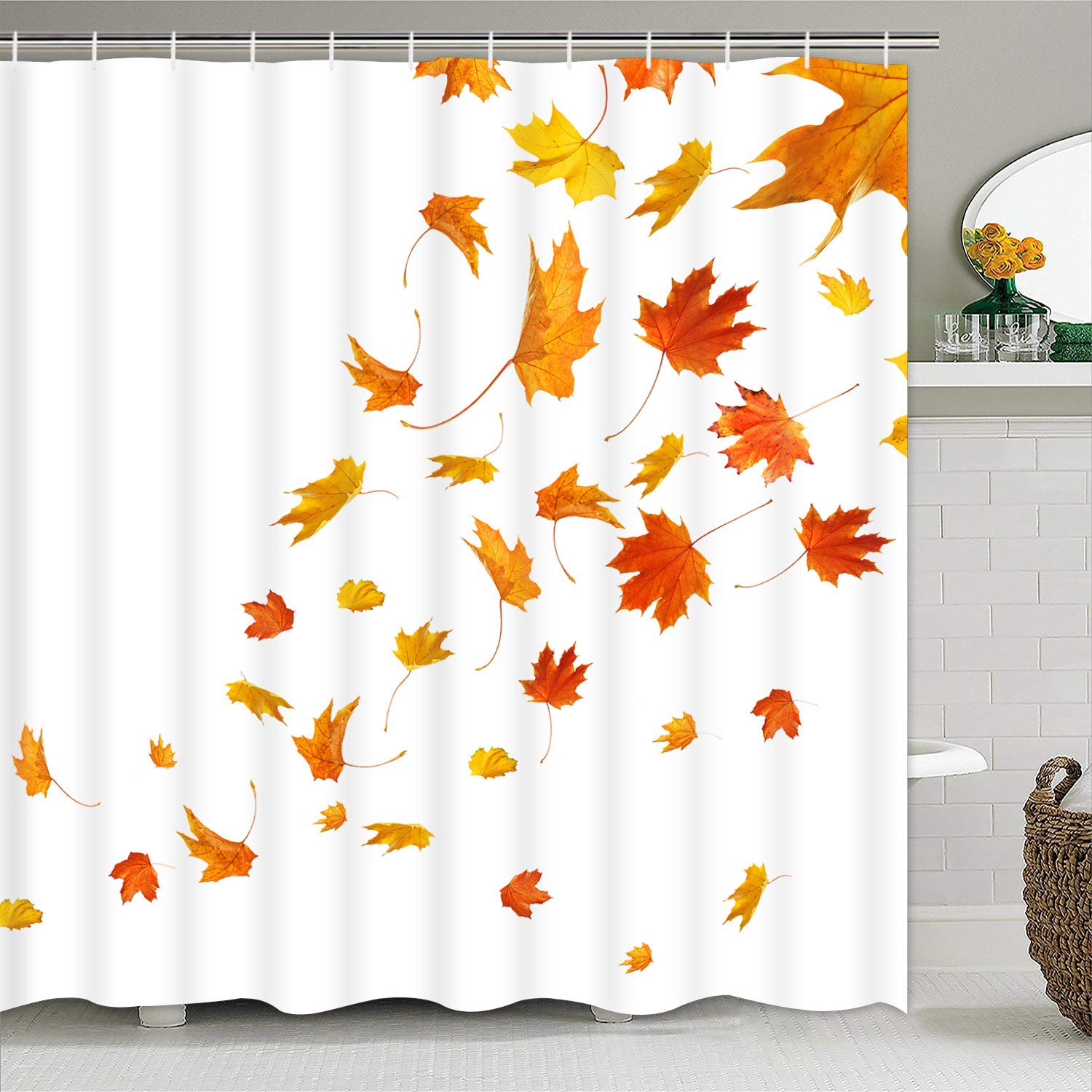 Pknoclan Fall Maple Leaf Shower Curtain, Fall Theme Shower Curtain with 12 Hooks, Waterproof Fabric Autumn Shower Curtains for Bathroom, White Orange, 69" x 70"